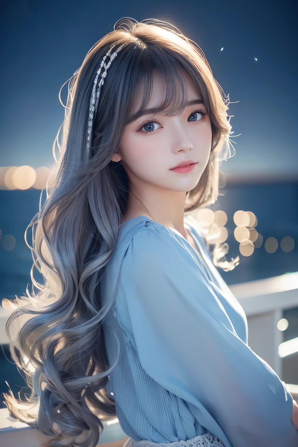 Number of people :Life-size 1 person sex :Girls hairstyle :Long hair down to the waist in loose curls :Silver eye color :Light blue atmosphere : Mature、Water tone clothing  :white
background  :Night Sky Size :Smartphone size 9:16 Anything I&#39;d like to add :🐰 🌙