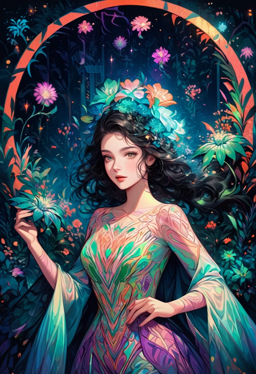 Create a surreal portrait of a woman in an enchanting, fantastical garden. Detailed, expressive features with light blue and pink hues for her skin. Deep, glossy black hair with intricate fine lines. Vibrant, patterned outfit in purples, blues, and greens with floral and geometric patterns, neon highlights. Vivid turquoise sky, bright orange floral elements, magical garden background with floating flowers, glowing plants, and fantastical creatures. Vibrant, contrasting colors with complementary tones, fine details, mix of line work and textures, blending realism with fantasy, visually stunning and imaginative.

