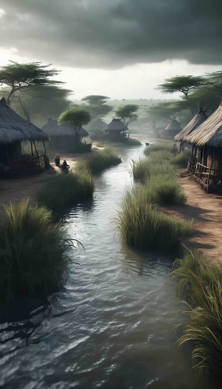 A super detailed,super realistic African setting,evil spirit, which appears over a village river,Distance POV