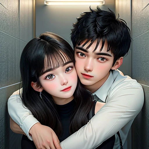Couple hug scene in toilet
20-year-old boy and 18-year-old girl big breasts, Detailed face, Detailed eyes, double eyelid,, Handsome-cool-warm-boy with black hair and hot-seductive-sexy-cute-beautiful-girl with black hair and blushing face. Intimate vibes.