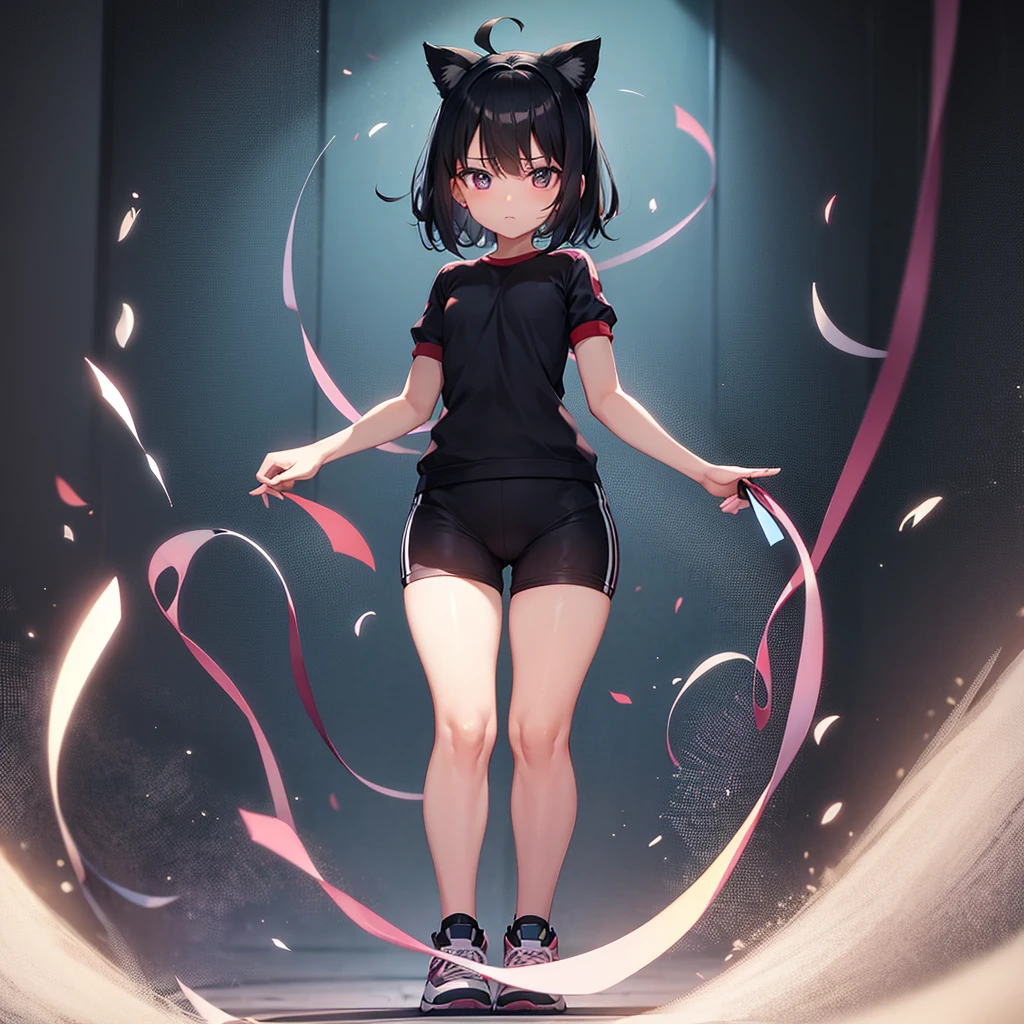 ((gym uniform)),Cute little ,Tiny ,Small girl,,ish face, Very fine clean face,Top quality,Black Hair,(Dark Room), Subtle Light, Natural light,Soft lighting,Light from directly behind, (Are standing),With bust up,Front view,Black background