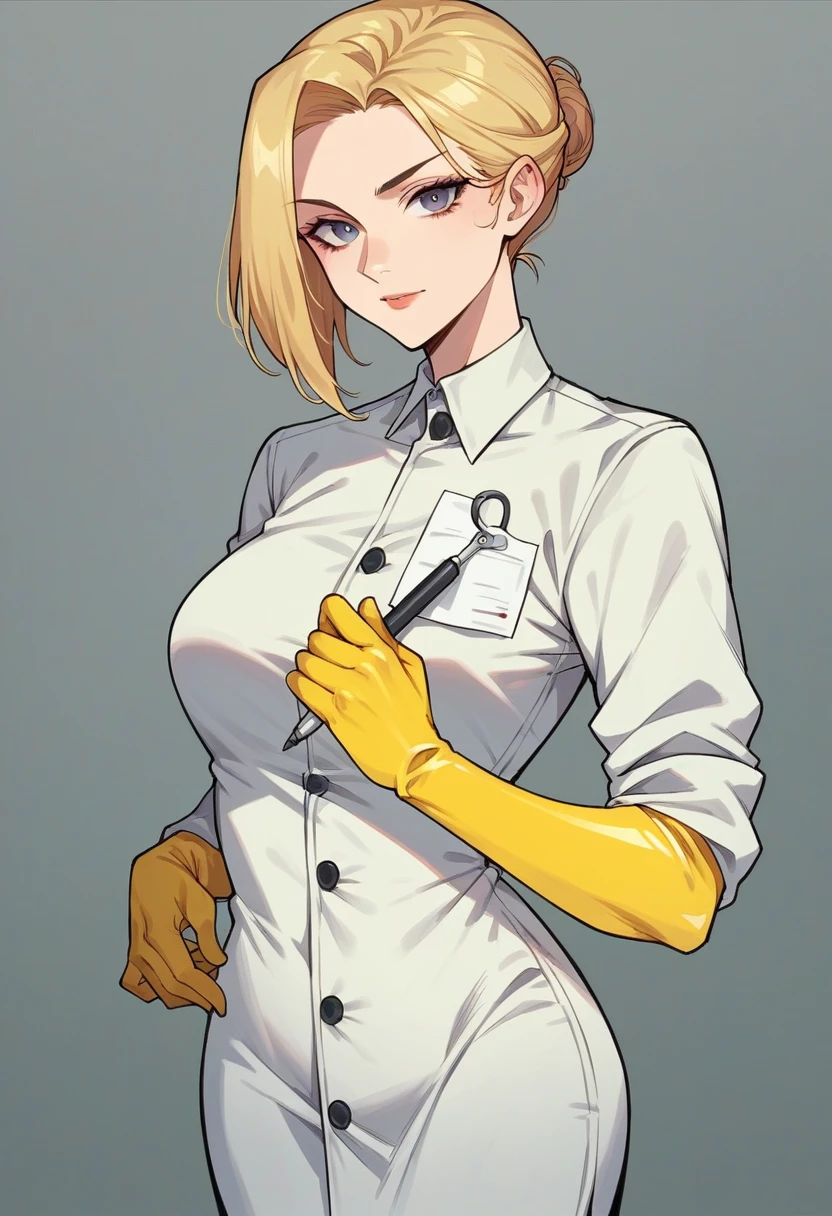 1girl, ((yellow elbow gloves)), ((surgical gloves)), ((latex gloves)), ((((long sleeves)))), ((black surgeon outfit)), looking at viewer, ((black doctor outfit)), standing, solo