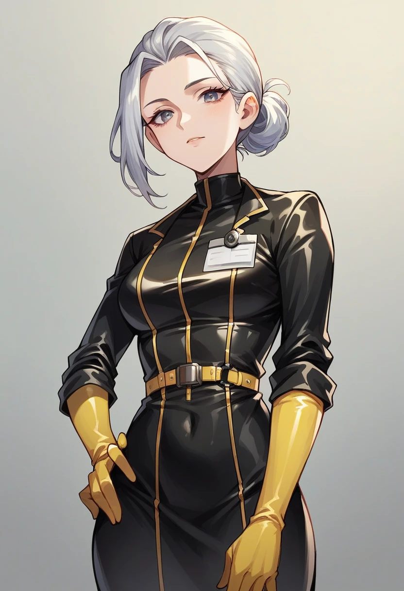 1girl, ((yellow elbow gloves)), ((surgical gloves)), ((latex gloves)), ((((long sleeves)))), ((black surgeon outfit)), looking at viewer, ((black doctor outfit)), standing, solo