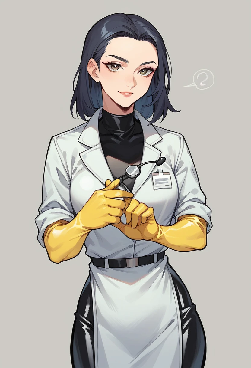 1girl, ((yellow elbow gloves)), ((surgical gloves)), ((latex gloves)), ((((long sleeves)))), ((black surgeon outfit)), looking at viewer, ((black doctor outfit)), standing, solo