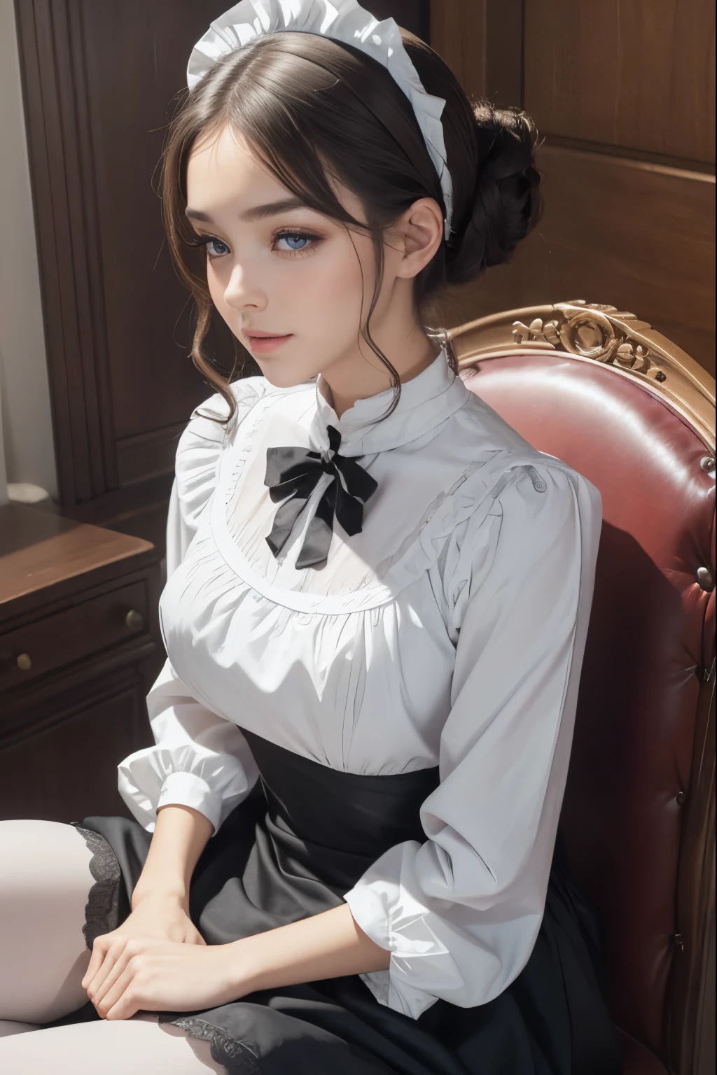 (best quality,4k,high resolution,masterpiece:1.2),detailed eyes,beautiful detailed lips,extremely detailed large eyes and face,long eyelashes,1 girl, Europian noble face, ballet studio,tightly fitted outfit,black long-sleeved maid costume,wearing white tights, a sitting girl on the chair,large cool eyes, downward gaze,open mouth with joyful feels, feels a confidence expression.