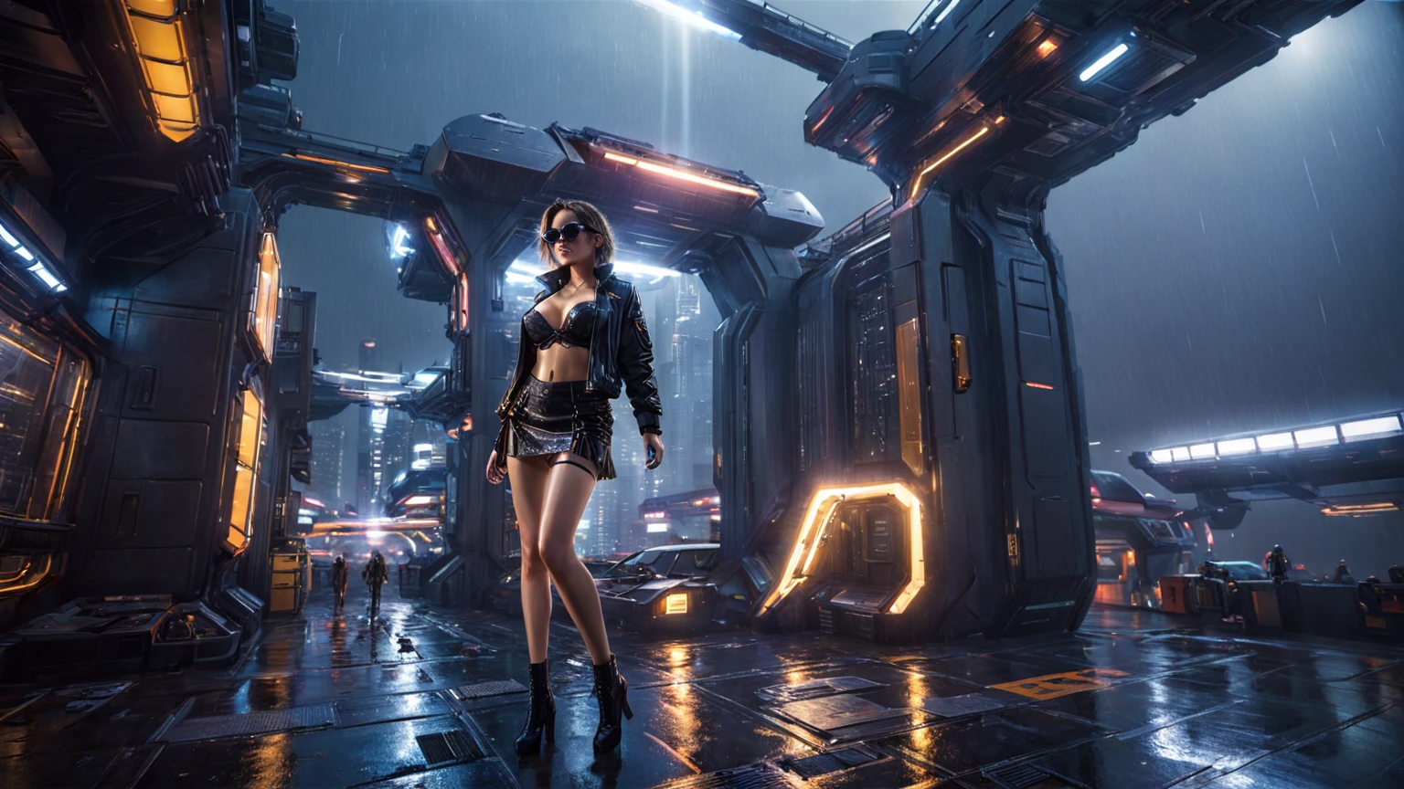 (((aerial view))), Blade Runner style futuristic space station platform, flying cars, neon lights, rainy night. (1girl, solo, alone), large-breast:1.2 slim body, cleavage:1.1, sexy laced lingerie, very low angle view miniskirt, jacket, (black sunglasses), (((she raised a pistol:1.8 and shot the viewer))), dynamic pose, (((half-body thigh level medium shot))), cinematic lighting, lens flare, ray tracing.