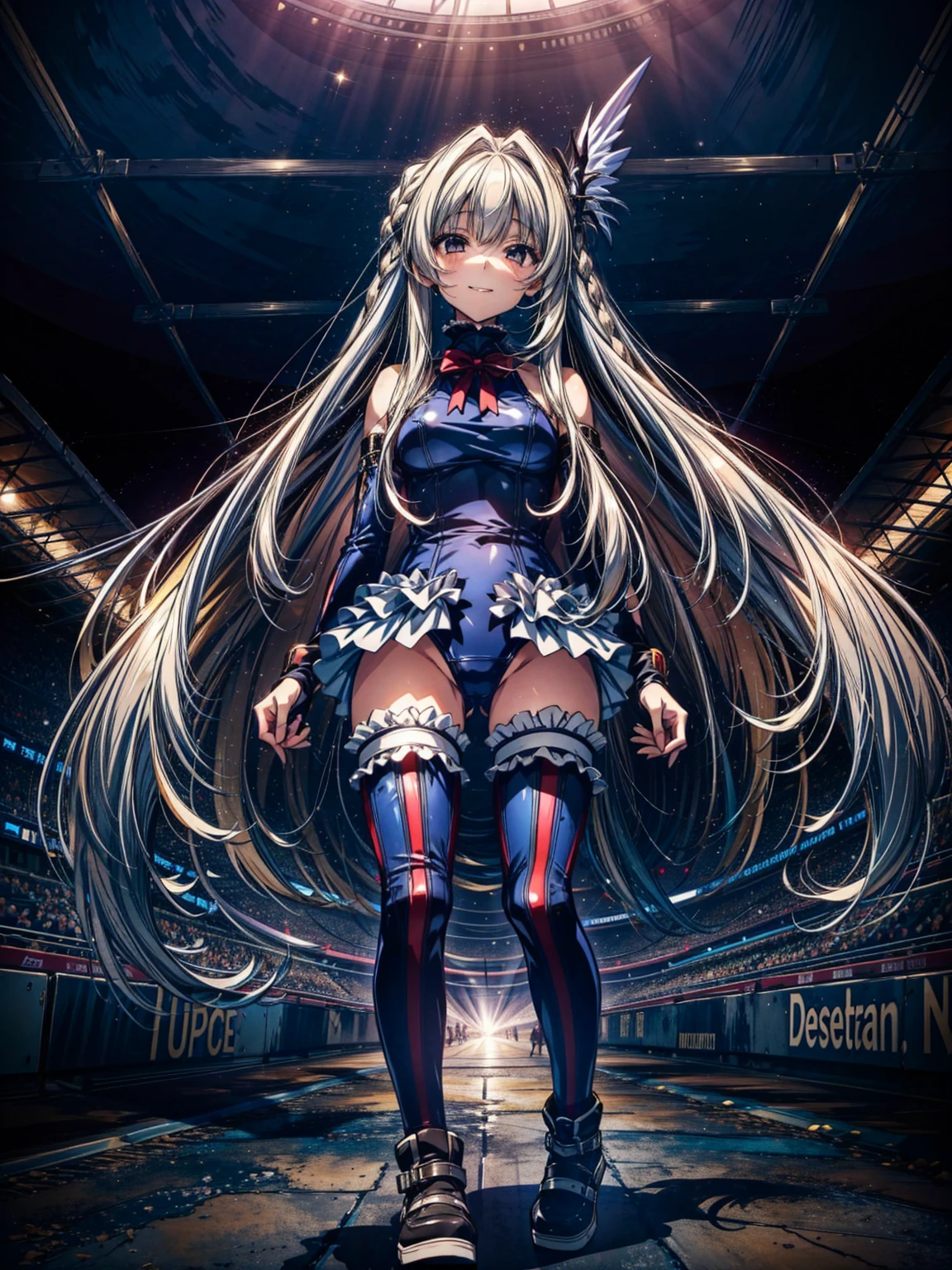 finest masterpiece, Super detailed, Highest quality, Sharp focus, 12k, ultra hi resolution picture, big ,12k,Perfect Anatomy, Highest quality, Marie Rose,Wicked Smile,Provocative attitude
,,Wicked Smile,Anime Style,(frilled swimsuit, thighhighs, detached sleeves), (Anime Style:1.4) ,
,(White fingers:1.1,Black gloves),
Hollow Eyes,,One Girl、(Inside the underground arena:1.6),,(Very long hair:1.6),(whole body:1.3),