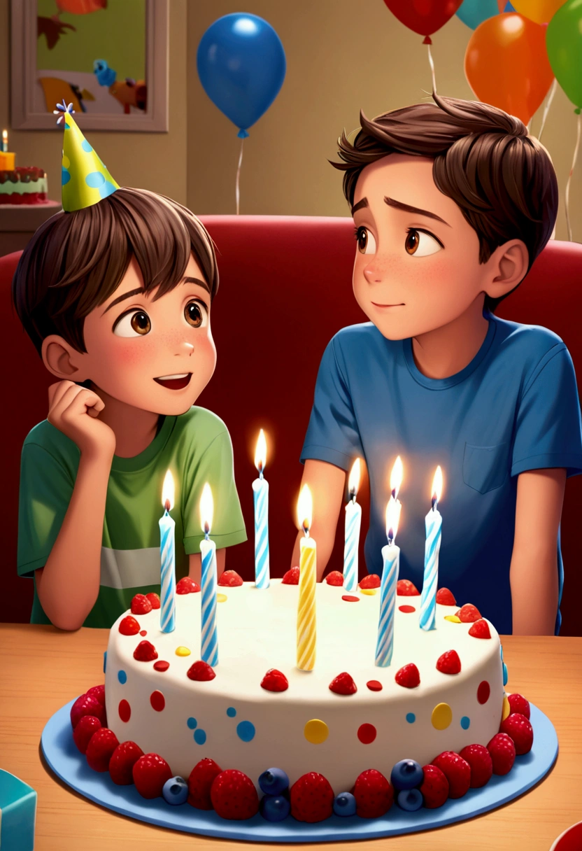 8 year old Pixar smiling thoughtfully asking surprised questions in front of a birthday cake with his brother