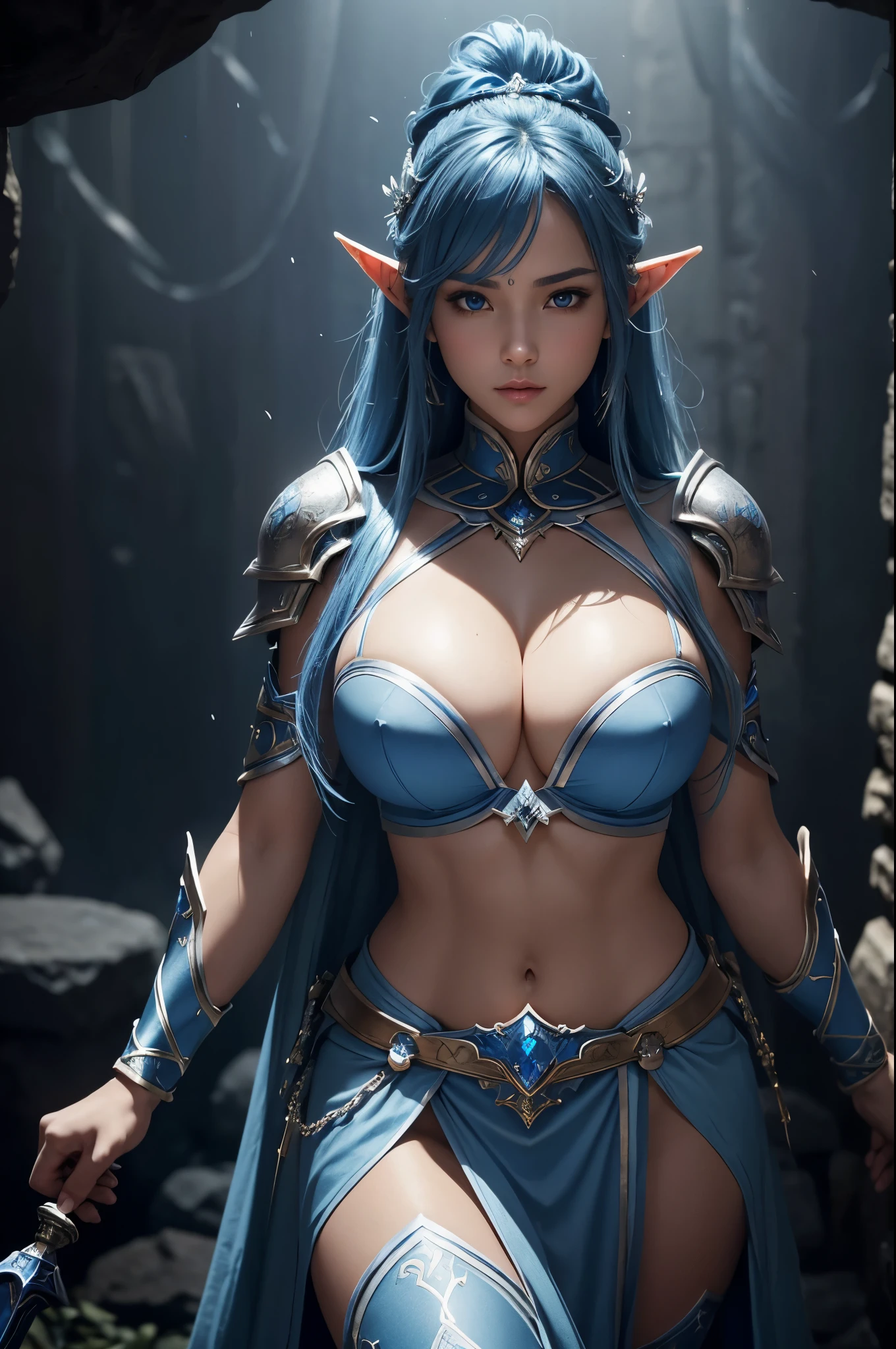 8k、A dark elf paladin in gorgeous blue and white chest armor..、Super Beauty(Realistic)、Tan Skin、Elf Ears、Model Chute Style、(非常にdetailedなCGユニティ8k壁紙)、Full body photos of the most beautiful works of art in the world、Front 4 poses、Blue Hair、Gorgeous blue and white long combat skirt、diamond、Medieval architecture、It was a hot topic on Art Station.、CG Trends、detailed、Every detail、Sharp focus、very, very big breasts、blue eyes、audience、Beautiful expression、Accentuate your cleavage、Beautiful decoration、very大きな笑顔、make、Inside the cave、Tan Skin、Beautiful Blue Hair,Rich colors、Backlight、Cinema Lighting、Film Grain、50mm lens、Nikon D850、Ultra-high resolution、Ultra-realistic、Dynamic fighting pose、In a dark dungeon、compensate,He has a light blue and silver sword,Tan Skin,very, very big breasts,Holy Knight,Russian women,Very large breasts,Blue and white long combat skirt,青と白のVery large breastsのセクシーなプレートの胸鎧(Precise flame work),