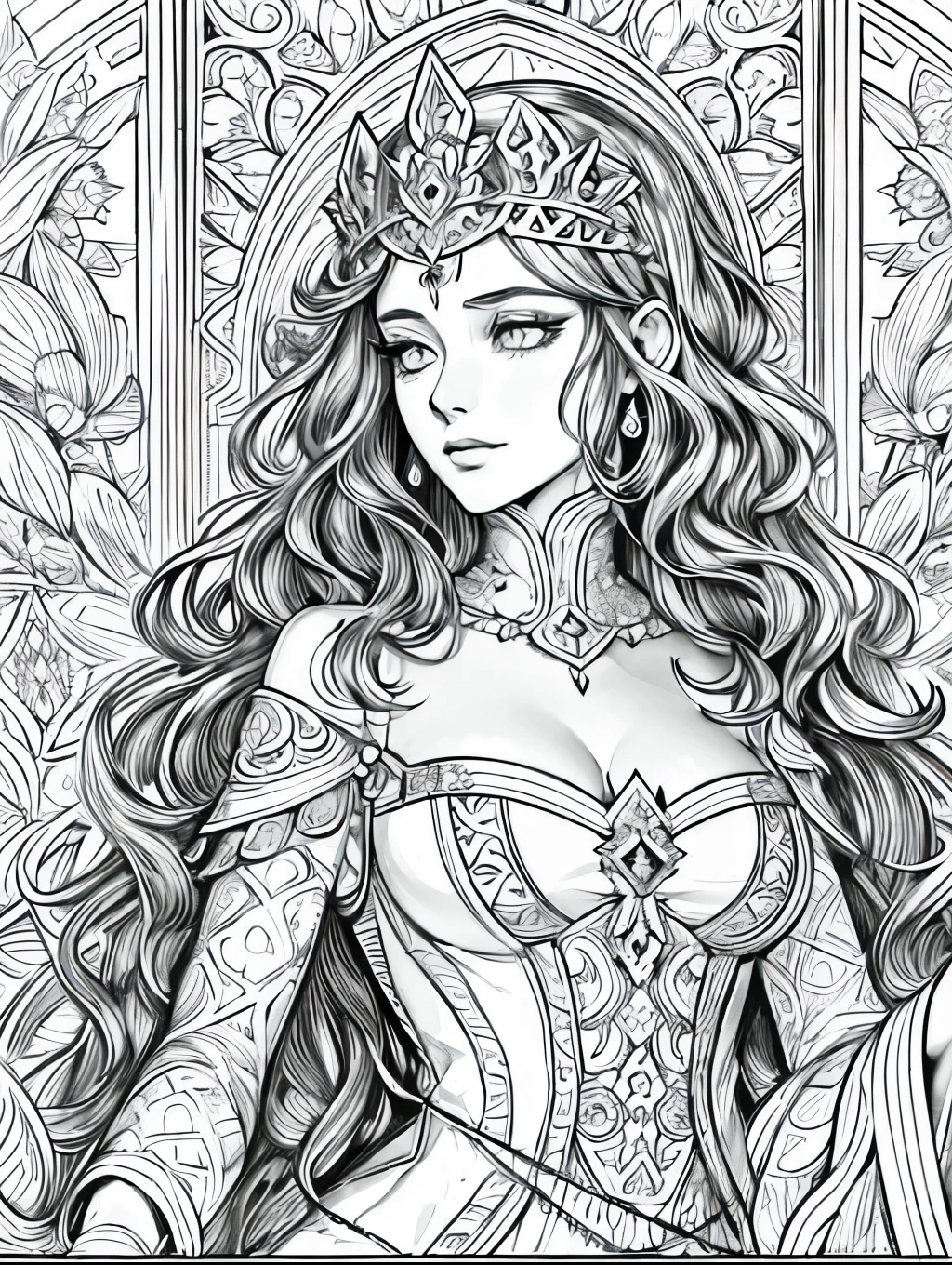 (Black and white coloring book:1.5), line drawings, masterpiece, best quality, ultra-detailed, high resolution, Very detailed face, (Eyes clear and distinct lines), Hair is white color, Upper body shot, A woman in a dress of heavy velvet and luxurious ornamentation, as would be worn by a medieval queen, The background is a magnificent castle, Hyper detailed crisp black line draw, ((simple white color)), Fibonacci