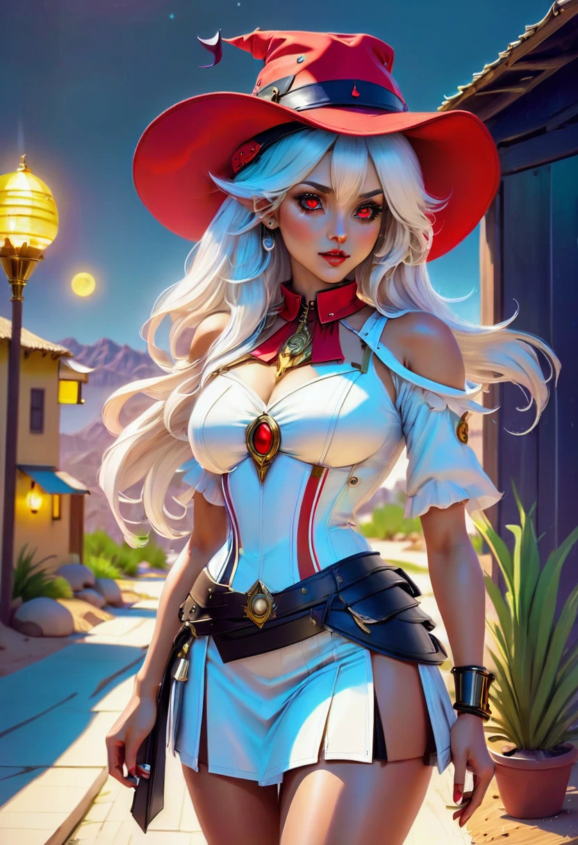 a picture of a female vampire cowboy in the desert night, a goth beauty, exquisite beautiful female vampire, ((anatomically correct: 1.5), (ultra detailed face: 1.2), best detailed face, red glowing eyes, full body, busty, wearing white bottom shirt, short skirt, dynamic color, wearing (Gambler Crease  hat: 1.2), wearing high heeled boots, it is night time in the desert, moon light. moon rays, west America desert canyon background, Hyperrealism style, vibrant, Ultra-high resolution, High Contrast, (masterpiece:1.5), highest quality, Best aesthetics), best details, best quality, highres, ultra wide angle, 16k, [ultra detailed], masterpiece, best quality, (extremely detailed) RAW, chumbasket art style, rpg portrait photograph