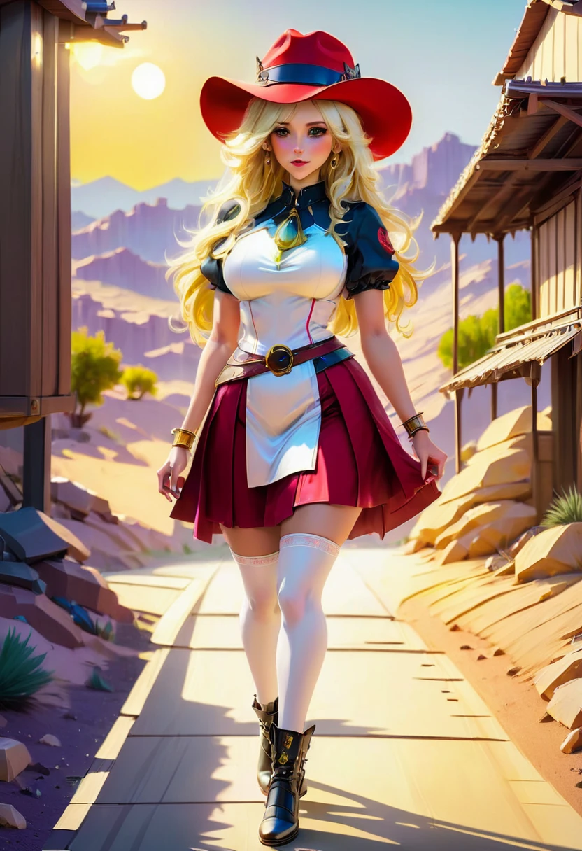 a picture of a female vampire cowboy in the desert night, a goth beauty, exquisite beautiful female vampire, ((anatomically correct: 1.5), (ultra detailed face: 1.2), best detailed face, red glowing eyes, full body, busty, wearing white bottom shirt, short skirt, dynamic color, wearing (Gambler Crease  hat: 1.2), wearing high heeled boots, it is night time in the desert, moon light. moon rays, west America desert canyon background, Hyperrealism style, vibrant, Ultra-high resolution, High Contrast, (masterpiece:1.5), highest quality, Best aesthetics), best details, best quality, highres, ultra wide angle, 16k, [ultra detailed], masterpiece, best quality, (extremely detailed) RAW, chumbasket art style, rpg portrait photograph