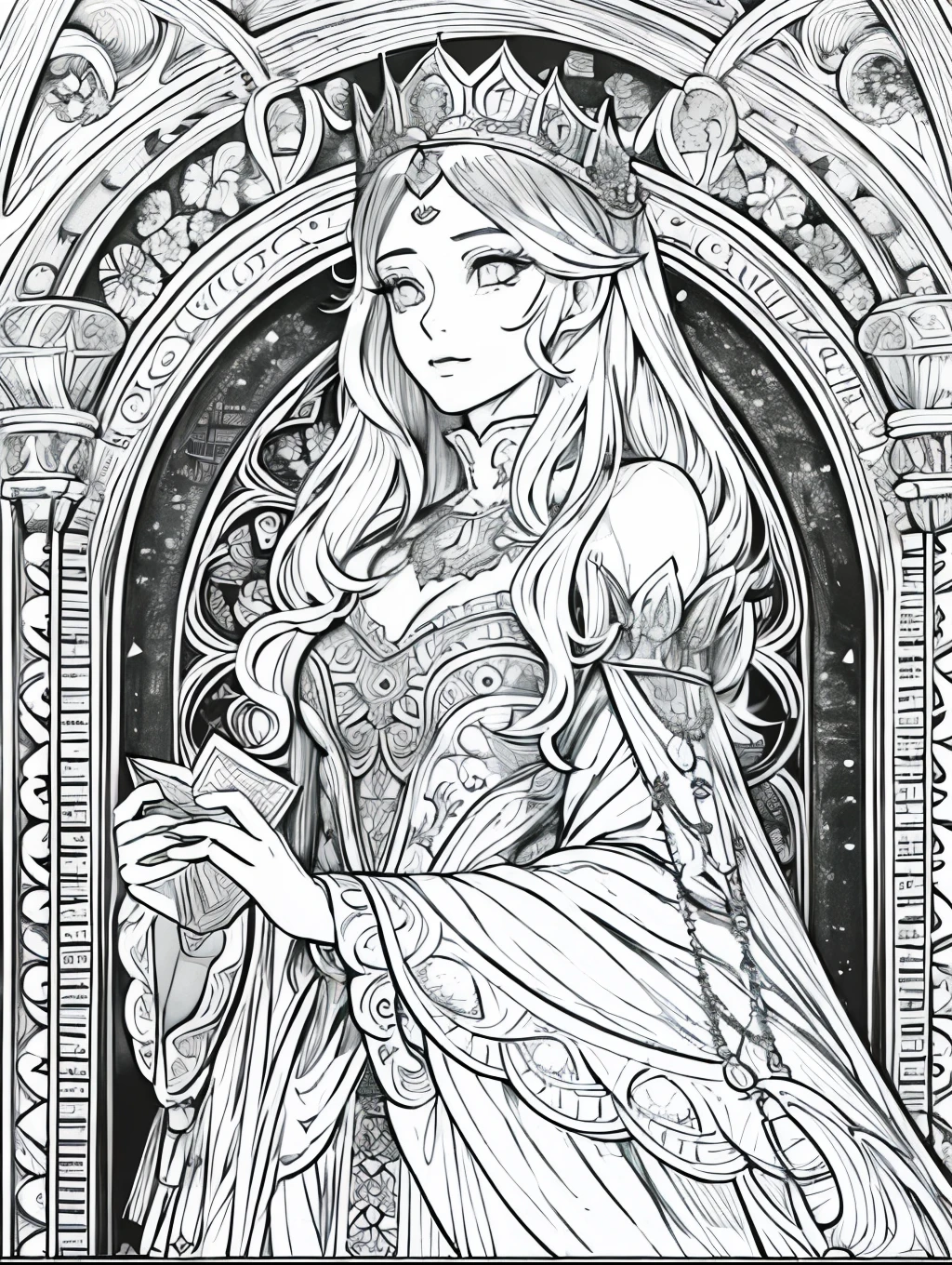 (Black and white coloring book:1.5), line drawings, masterpiece, best quality, ultra-detailed, high resolution, Very detailed face, (Eyes clear and distinct lines), Hair is white color, Upper body shot, A woman in a dress of heavy velvet and luxurious ornamentation, as would be worn by a medieval queen, The background is a magnificent castle, Hyper detailed crisp black line draw, ((simple white color)), Fibonacci