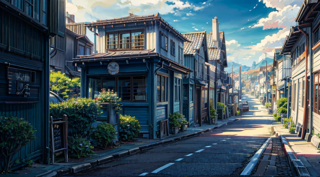 Miyazaki style， HD 4K Wallpaper, Small town streets（Tree-lined），Blue sky and white clouds，Good sunshine，There are small shops on both sides，Small Cafe，Small Book Bar，Healing style