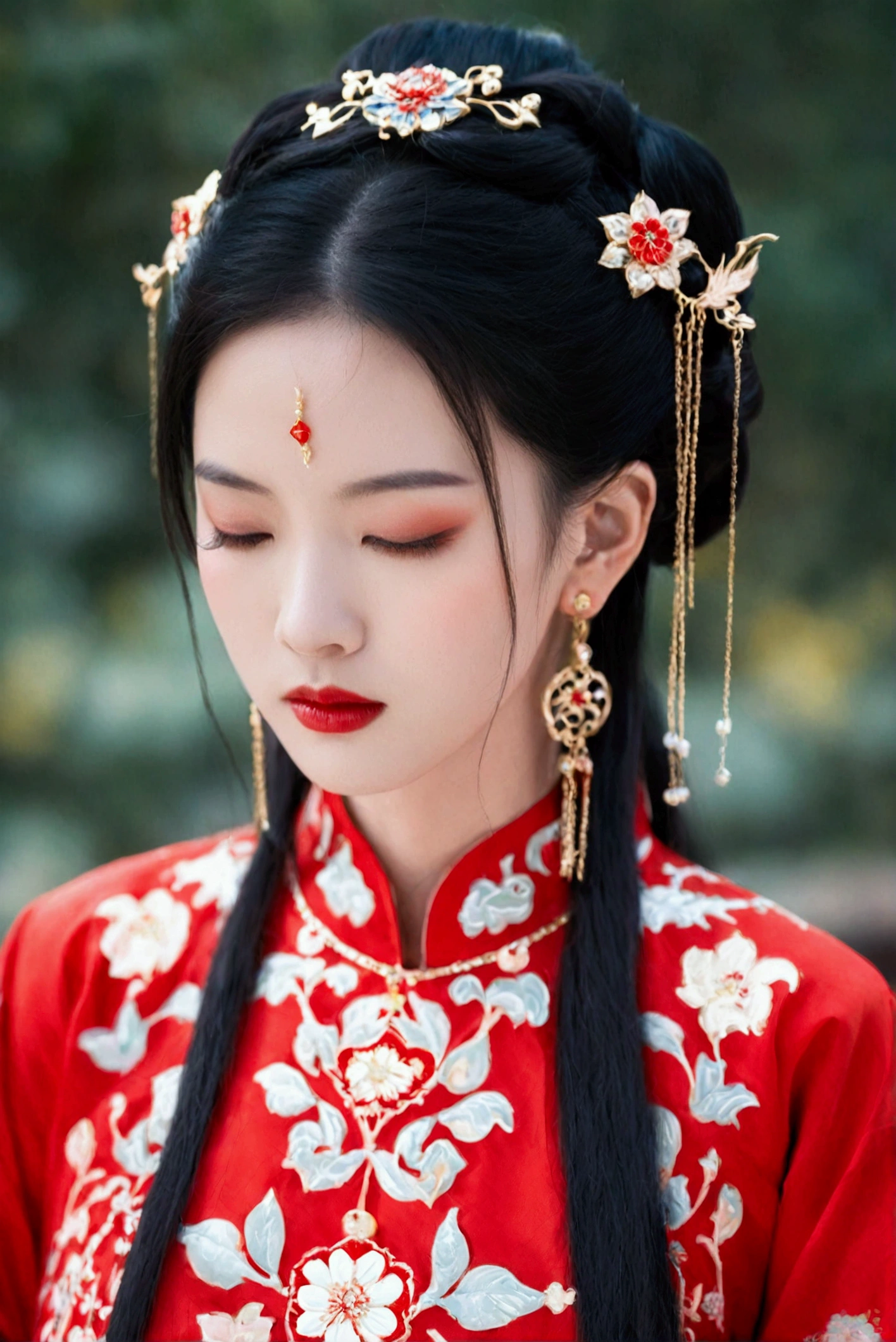 1girl, solo, black hair, hair ornament, dress, jewelry, closed mouth, opened eyes, upper body, earrings, blurry, blurry background, chinese clothes,White coat， red dress, red lips