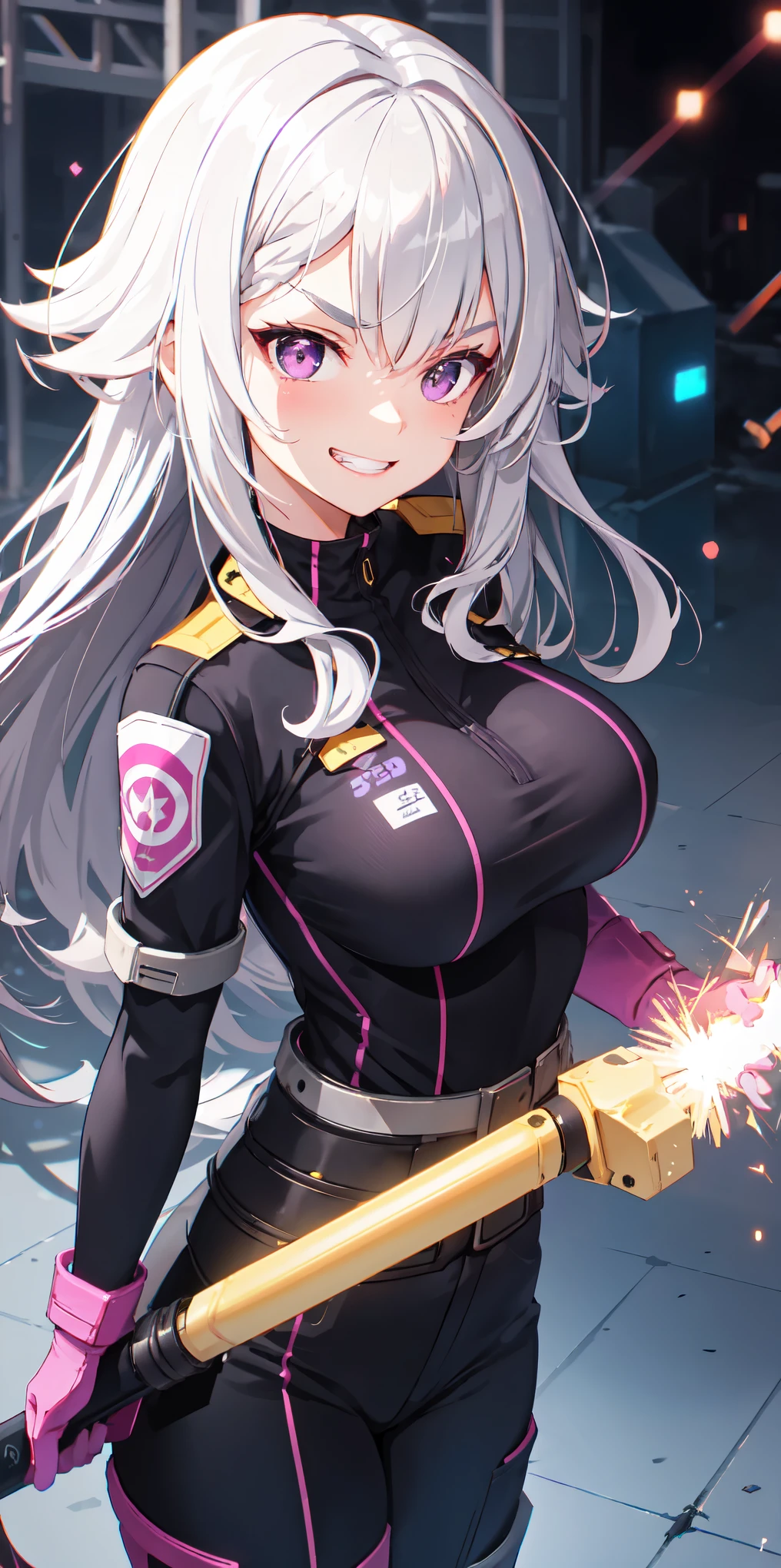 colorful, 1girl, mature, grin, v-shaped eyebrows, platinum hair, wild shaggy hair, purple eyes, pink goggles, large breast, holding a steel baton, silver sand, glow, glowing weapon, magnet particles, construction site uniform, wallpaper, chromatic aberration,