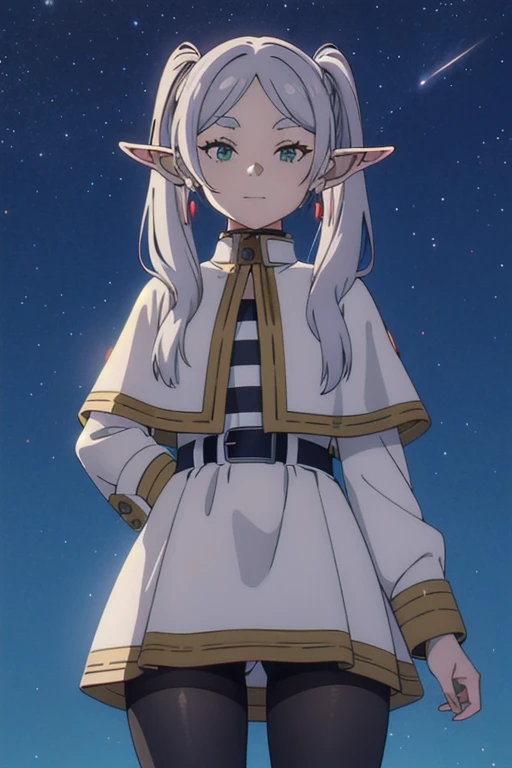 1girl,solo,elf,white hair, grey hair, earrings, pointy ears, long hair, ponytail, green eyes, smug face, twintails, parted bangs, thick eyebrows, collared capelet, white capelet, striped shirt, long sleeves,striped, white skirt, lift skirt, show panties, medium breasts, 
pantyhose,
night sky, stars, galaxy, milkyway,
 