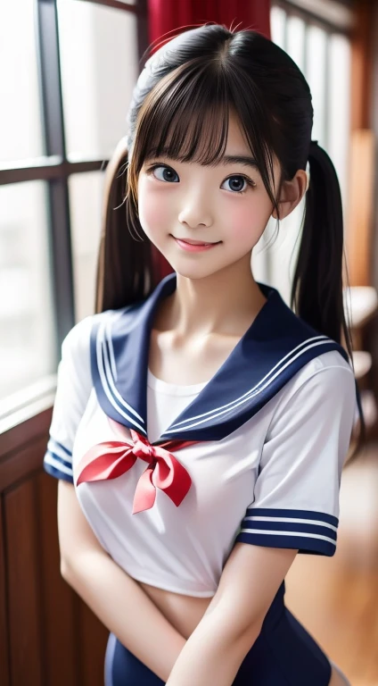 high quality、masterpiece、Ultra-high resolution、beautiful girl、beautiful girl顔、Cute girl face、Wear a sailor uniform、School Swimsuit、Lesbians around the world、Famous Japanese actresses、Very beautiful face、chest、sexy、Twin tails、巨大なchest、Too big、Saggy breasts、whole body