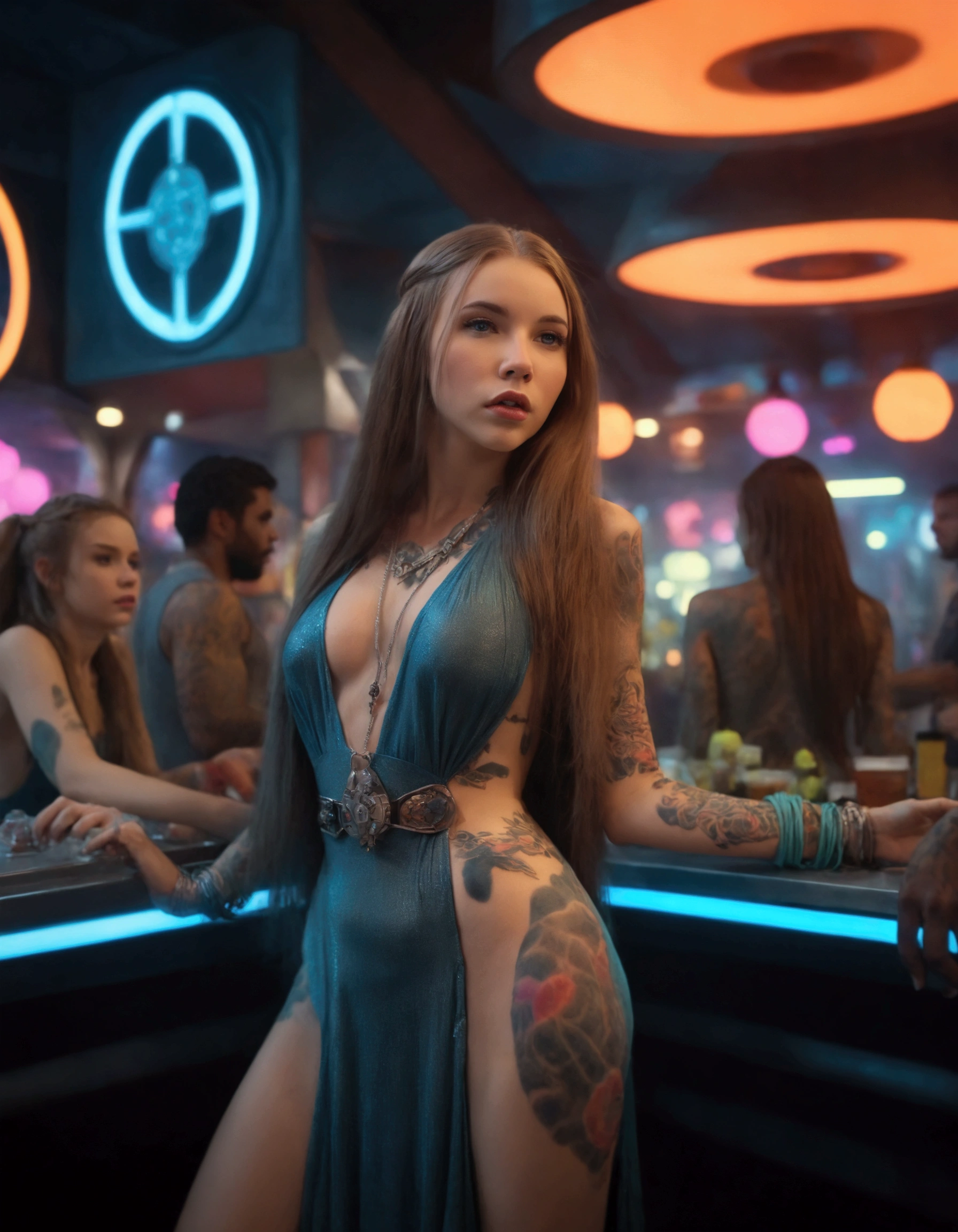 a lovely woman in an airy dress, marketplace on tattooine, aliens, star wars, cyberpunk, neon lights, crowd, futuristic, vibrant colors, detailed, photorealistic, 8k, high quality, cinematic, dynamic pose, beautiful girl, long flowing hair, intricate dress design, alien vendors, bustling marketplace, scifi atmosphere, dramatic lighting, advanced technologies, retro-futuristic, gritty urban, synergistic blend