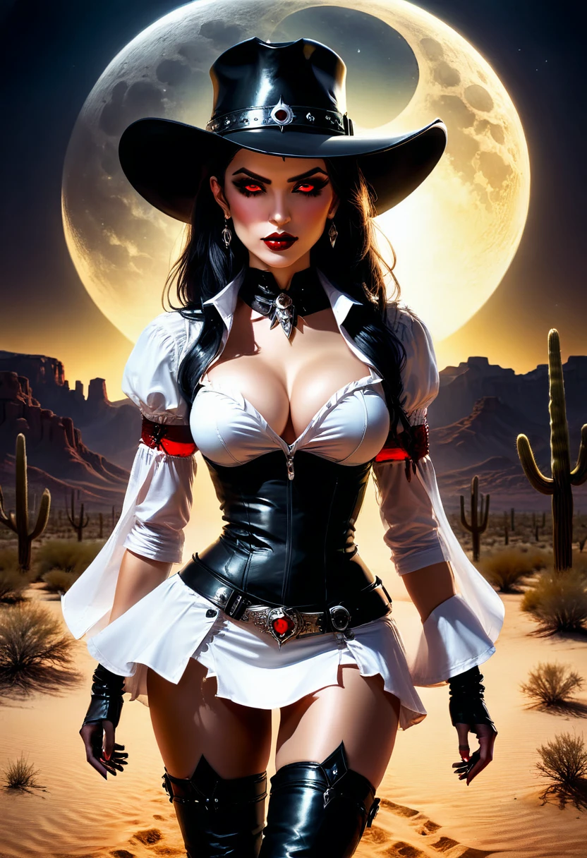 a picture of a female vampire cowboy in the desert night, a goth beauty, exquisite beautiful female vampire, ((anatomically correct: 1.5), (ultra detailed face: 1.2), best detailed face, red glowing eyes, full body, busty, wearing white bottom shirt, short skirt, dynamic color. wearing (cowboy hat: 1.2), wearing high heeled boots, it is night time in the desert, moon light. moon rays, west America desert canyon background, Hyperrealism style, vibrant, Ultra-high resolution, High Contrast, (masterpiece:1.5), highest quality, Best aesthetics), best details, best quality, highres, ultra wide angle, 16k, [ultra detailed], masterpiece, best quality, (extremely detailed) RAW, chumbasket art style, rpg portrait photograph