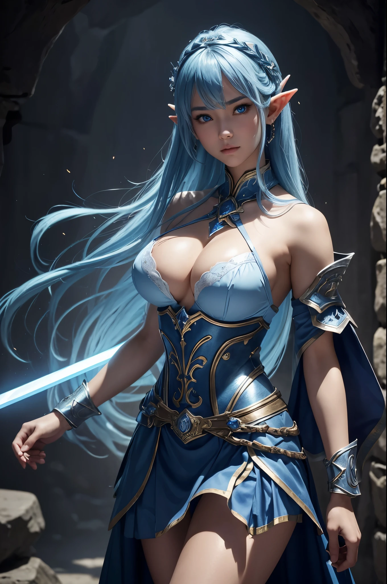8k、A dark elf paladin in gorgeous blue and white chest armor..、Super Beauty(Realistic)、Tan Skin、Elf Ears、Model Chute Style、(非常にdetailedなCGユニティ8k壁紙)、Full body photos of the most beautiful works of art in the world、Front 4 poses、Blue Hair、Gorgeous blue and white long combat skirt、diamond、Medieval architecture、It was a hot topic on Art Station.、CG Trends、detailed、Every detail、Sharp focus、very, very big breasts、blue eyes、audience、Beautiful expression、Accentuate your cleavage、Beautiful decoration、very大きな笑顔、make、Inside the cave、Tan Skin、Beautiful Blue Hair,Rich colors、Backlight、Cinema Lighting、Film Grain、50mm lens、Nikon D850、Ultra-high resolution、Ultra-realistic、Dynamic fighting pose、In a dark dungeon、compensate,He has a light blue and silver sword,Tan Skin,very, very big breasts,Holy Knight,Russian women,Very large breasts,Blue and white long combat skirt,青と白のVery large breastsのセクシーなプレートの胸鎧(Precise flame work),