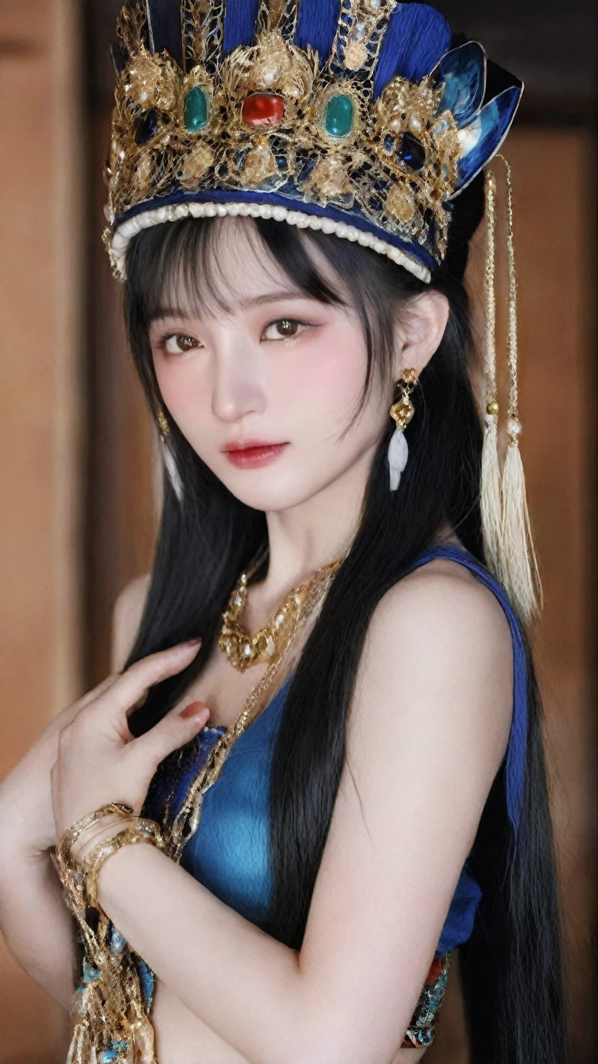 asian women,solo,(8k, RAW photo, highly detailed,masterpiece, highest quality),rich colors,high contrast,film still,full shot body photo of the most beautiful artwork in the world,cinematic light,fantasy,highres,(detailed face),XUER Miao costume,long hair,black hair,hat,navel,bare shoulders,jewelry,earrings,sleeveless,midriff,nail polish,bracelet,black nails,traditional clothes,photorealistic,extreme detail,lifelike,crisp,precise,blurry. 35mm photograph,film,bokeh,professional,highly detailed,(full body:1.5),high gloss,extremely beautiful skin,natural skin texture,(pale skin, real_skin),(Milky skin:1),(shiny skin:1.1),A shot with tension,(Visual impact,giving the poster a dynamic and visually striking appearance:1.2),impactful picture,(masterpiece, best quality:1.2),offcial art,movie perspective,advertising style,magazine cover,very aesthetic,disheveled hair,very aesthetic,illustration,disheveled hair,perfect composition,moist skin,intricate details,perfect hand,