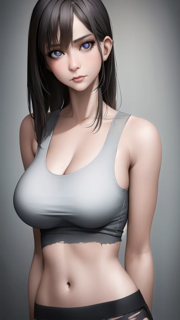 young aged woman in bed, helpless, (very thin figure), ((torn tank top)), (dirty gray tank top), (Short sleeveless t-shirt), (dirty skirt), (((big breasts))) big sad eyes, ((realistic and detailed face and eyes)), cinematic lighting, 8k resolution, (model photography style), (shy), ((arms behind the back)), small head