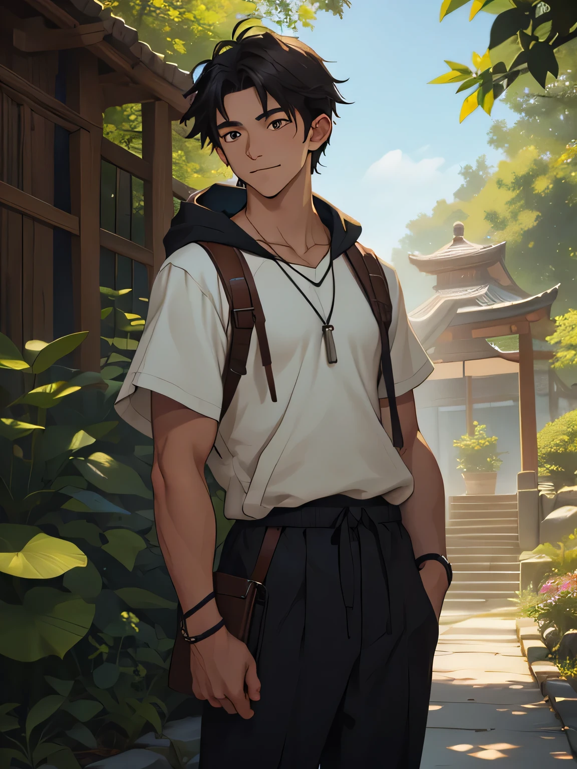 (Masterpiece, Best quality, 8k, ultra-detailed, (solo, -yeld yo man, high school st 168cm, 6.5 heads, A gentle gaze, Calm expression, Refreshing atmosphere, A gentle smile, Gentle eyes, Clear Eyes, Toned body, Untanned skin, front shot), Garden of Japan house, standing), Young boy, (Dark Short straight hair, brown eyes), (Half-length trousers, White short sleeve hoodie, black sling bag, A necklace made from hemp string, The necklace has an unfinished crystal１There is only one)