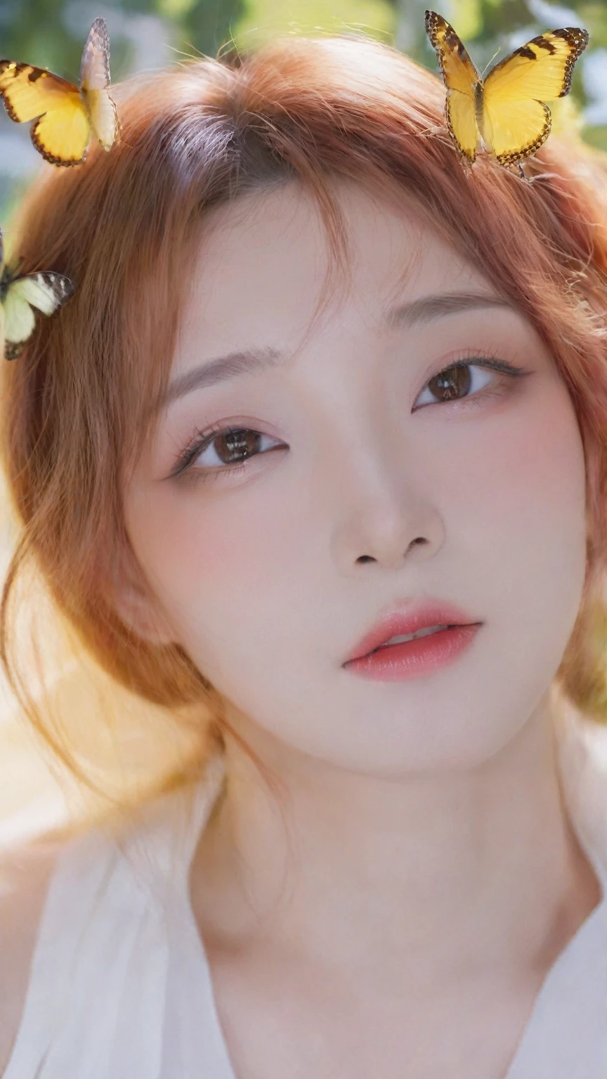 an asian girl,(Soft light:1.4),(rim light:1.2),exposedshoulders,lookingattheviewer,with grapes in hand,red hair,depthinfield,fluffy hair,freckles,blush,yellow butterfly,many butterflies,light makeup,grape rack,indoor,(mist:1.2),(serene expression:1.1),morningsunshine,high quality,(halo:1.2),(lightpenetratesthroughhairstrands:1.2),(hazy:1.2),(light spot:1.1),sun,available light,film grain,(fuzzy:1.2),sitting posture,close-up,blurry,dream of light,(masterpiece,best quality,ultra_detailed,FULL HD,absurdres:1.2),dreamlike,ultra-realistic mix fantasy world,mixes realistic and fantastical elements,magic effect,lofi style,close up,(close_mouth:1.2),