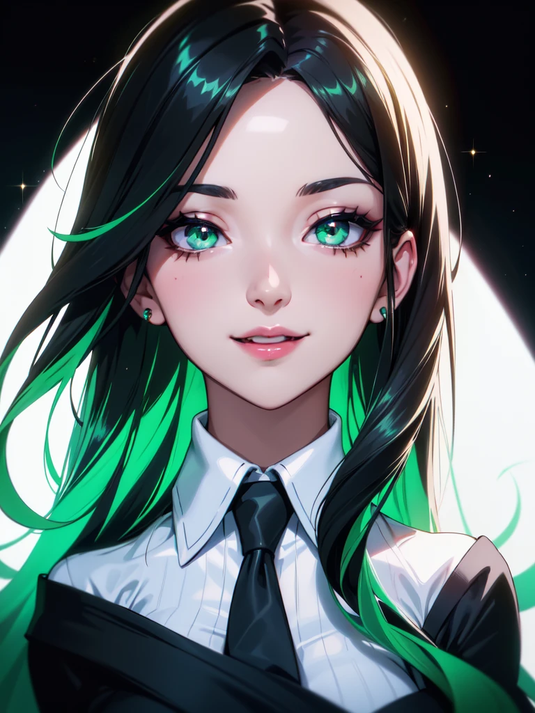 (((Portrait Photo))), She has the Appearance of a Playful and Unrestrained Teacher, with a Voluptuous Figure that Commands Attention. Her Long, Lush Hair is Styled in an Alluring Manner, with Sleek Black Strands Interspersed with Vibrant Green Streaks. Her Bright, Sparkling Green Eyes Carry a Lively, Mischievous Gleam, Reflecting Her Joyful and Unburdened Nature. She is Dressed in a Tight White Shirt with a Bold Tie, the Buttons Straining Against Her Bust. Her Expression is Radiant and Amused, with an Enigmatic Smile and a Playful Glint in Her Eyes, Contributing to Her Provocative Presence. (((High Quality, Dark Background))), (((Portrait Photo)))
