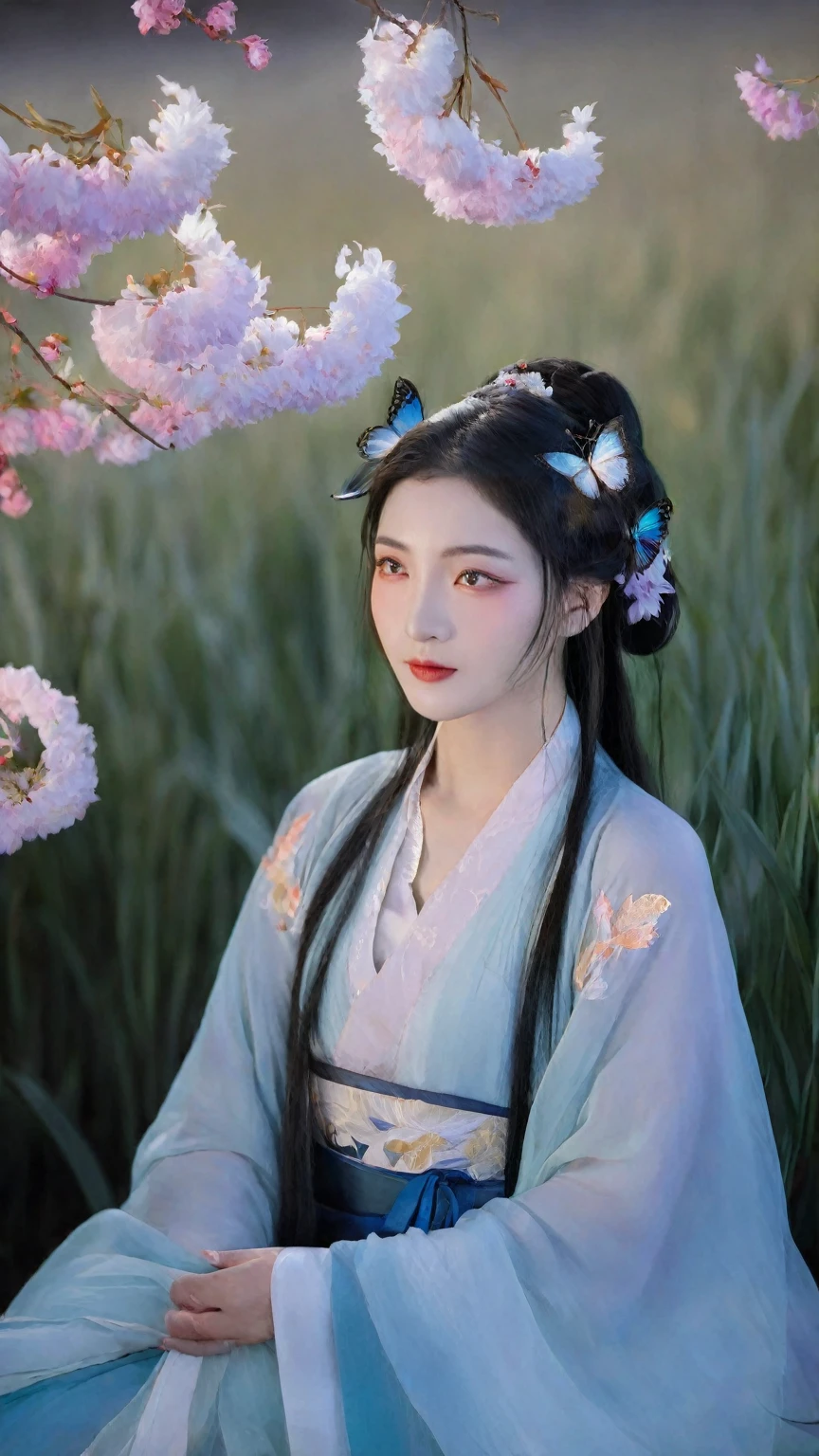 masterpiece,best quality,Chinese girl,natural skin texture,((caustics:1.3)),(colorful:1.15),(gorgeous light and shadow:1.1),light and shadow,close up,A Chinese beauty dressed in a manzhu sawa flower hanfu,pitiful,stylish and artistic,Fever-Dream,Dark Atmosphere,Zen Atmosphere,color quality,detailed beautiful grassland with petal,flower,butterfly,necklace,smile,petal,(((surrounded by heavy floating petal flow))),((moon)),starry sky,(lighting particle),fog,snow,(bloom),