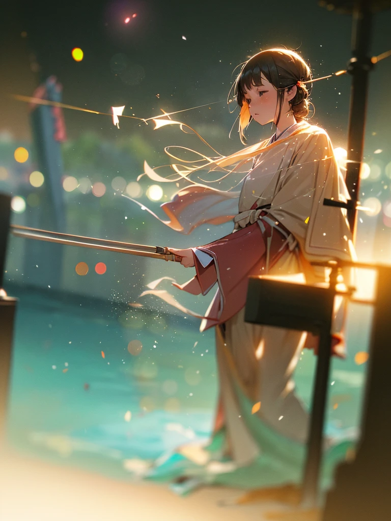 (Sumilux f1.4 50mm , low Latitude old color negative film , cross process , bokeh, flare, chromatic aberration , soft focus, (Shallow focus) , soft glow , Maximum aperture, High Key , Transparent depiction)  , A toilet girl fighting with a naginata