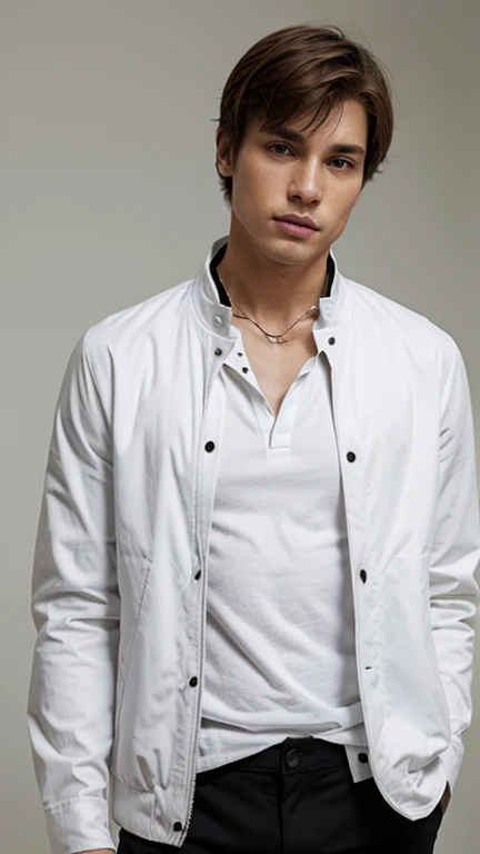 solo , 1man , white jacket , shirt with collar ,