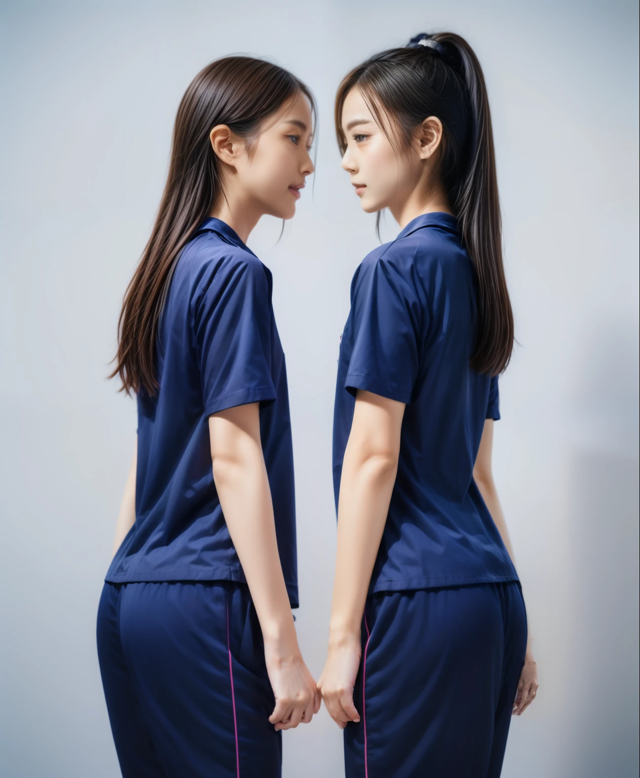 (best quality,10,10,height,Masterpiece:1.2),Special details,(realistic,ภาพrealistic,Realistic photos:1.37),1 Cute girl in the kitchen,shiny, ผิวshiny,only,smile softly,BDclothelue shirt:1.3)),short sleeve,shirt, กางเกงขาlong.,(navy_long_track pants:1.1), ((Kitchen Background)),Dynamic angle,excited,Face focus,dynamic poses,from behind,focus on ,Masterpiece, best quality, ultra realistic, hyper detail, 8k resolution, raw photos, Sharp focus, ((Navy blue shirt:1.1)), short sleeve, เส้นทางlong, perfect body, 2 matmen, 18 years old, Cinema-grade lighting system,blue sweatpants,shirtผ้าออกกำลังกาย,correct anatomy,perfect body, correct body, Sharp face, correct bodyทางกายวิภาค, full body, realistic gestures, long-haired, realistic poses,Wear long shorts...........................,ช่วงขาlong,Good shape,carved girl, Slender figure, model, Good shape, beautiful body,blue sweatpants, two girls kissing