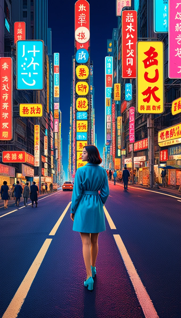 Highest quality, 4K wallpaper, masterpiece, Very detailed CG ユニティ 8k 壁紙, Very fine grain, Very detailed, Intricate details, 1peopleの女の子, Retro art style, neon_Pop Art Style, public, Outdoor, road signs, city, people々