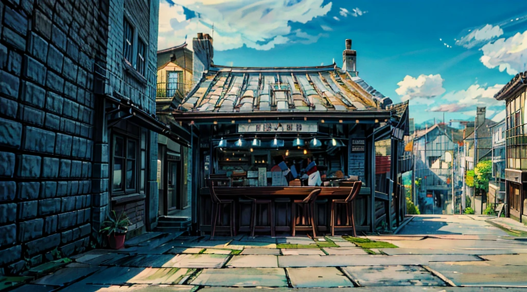 Miyazaki style, HD 4K Wallpaper, The town streets are lined with trees,Blue sky and white clouds,sunny,There are small shops on both sides,Small Cafe,Small Book Bar,Healing style