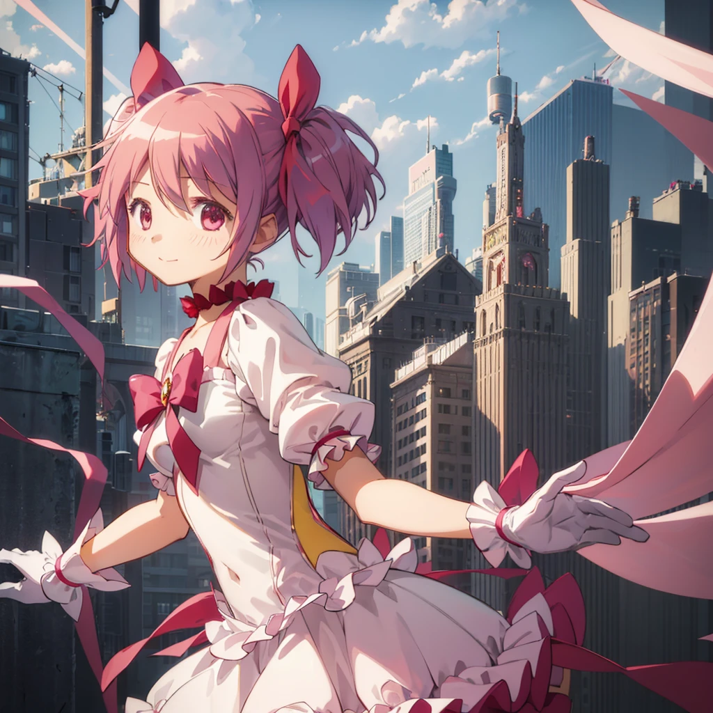 1girl, solo, masterpiece, best quality,
gloves, mahou shoujo madoka magica, kaname madoka, madoka kaname, pink eyes, tareme, pink hair, short hair, twintails, short twintails, hair ribbon, red ribbon, magical girl, choker, ribbon choker, soul gem, collarbone, short sleeves, puffy sleeves, puffy short sleeves, center frills, white gloves, backless outfit, shoulder blades, medium breasts, bubble skirt, bow skirt,
cowboy shot, twisted torso, looking back,
blush, seductive smile,
outdoors, garden