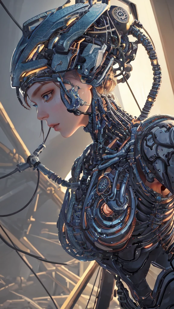 1mechanical girl,ultra realistic details, portrait, global illumination, shadows, octane render, 8k, ultra sharp,intricate, ornaments detailed, cold colors, metal, egypician detail, highly intricate details, realistic light, trending on cgsociety, glowing eyes, facing camera, neon details, machanical limbs,blood vessels connected to tubes,mechanical vertebra attaching to back,mechanical cervial attaching to neck,sitting,wires and cables connecting to head