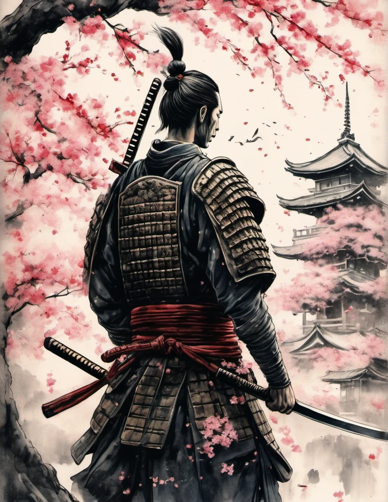 (best quality,highres:1.2),ultra-detailed,traditional Japanese samurai armor,warrior,stoic expression,serious,skilled swordsmanship,classic katana,samurai code of honor,sacred devotion,falling cherry blossom petals,ancient cherry blossom tree,authentic Japanese landscape,peaceful temple in the distance,subtle light and shadow,sublime artistry,brushstrokes,deep black ink wash,Manga-inspired,traditional woodblock print style,vibrant colors,delicate linework,faint scent of incense,serene atmosphere, ghost face