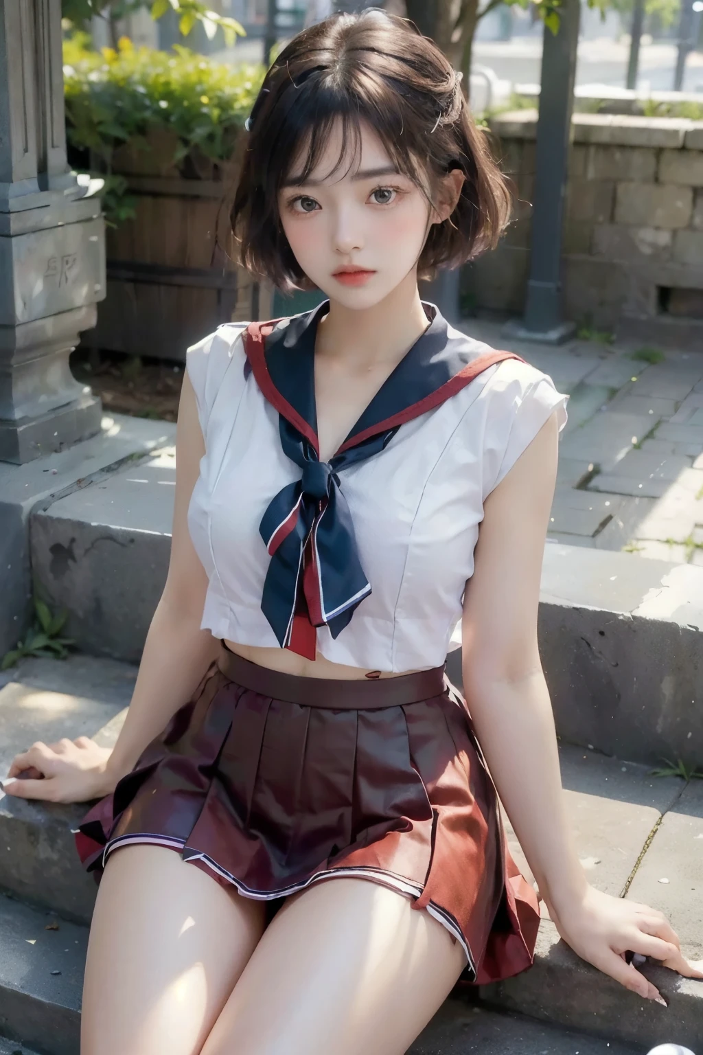 ((Highest quality, 8k, masterpiece :1.3)), 1 innocent girl:1.3, (short hair,Sailor suit,Beautiful :1.2), Ultra mini skirt, Highly detailed face, Beautiful Eyes, double eyelid,whole body,Cute Face,(Sitting on stone steps),(Realistic Face),(Realistic Skin),Smart Body,Hips facing forward,half Japanese and half European,Sexy feres,((iridescence)),(Red Skirt,Red Sailor Ribbon)