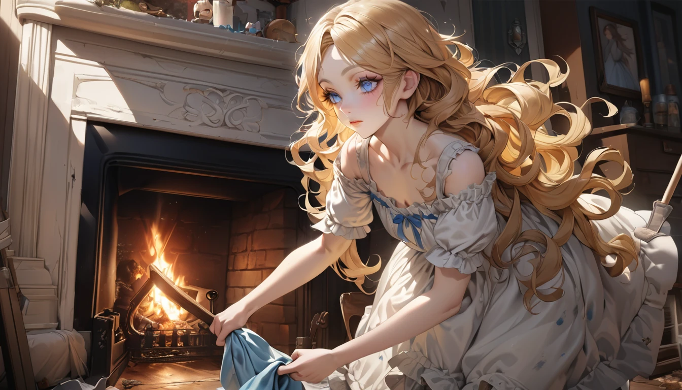 master piece, ultra detailed, hyper realistic, Tattered dress, a shabby dress, a face and hands dirty from cleaning, wavy hair, yellow hair, silky hair, blue eyes, long eyelashes, yellow eyebrows, pale skin, cleaning, Room with fireplace, fairy tale charm, 