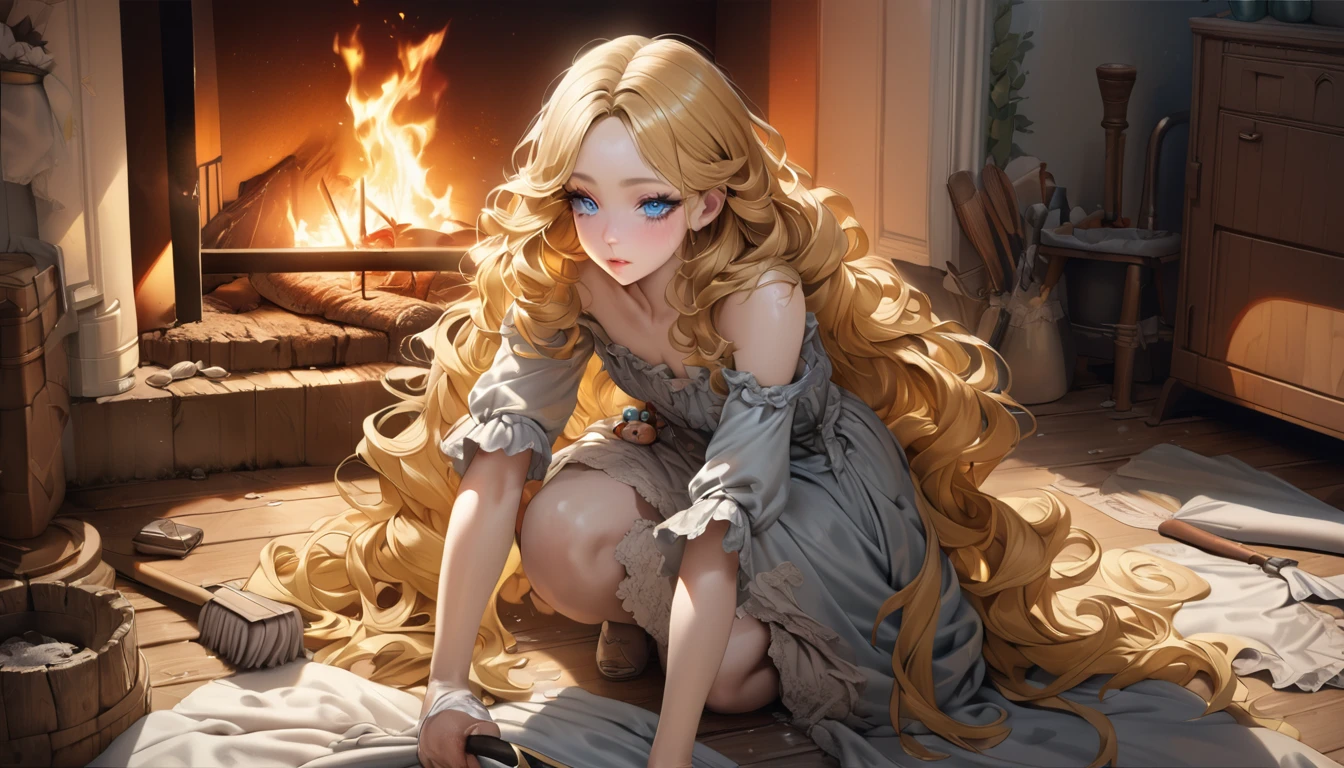 master piece, ultra detailed, hyper realistic, Tattered dress, a shabby dress, a face and hands dirty from cleaning, wavy hair, yellow hair, silky hair, blue eyes, long eyelashes, yellow eyebrows, pale skin, cleaning, Room with fireplace, fairy tale charm, 