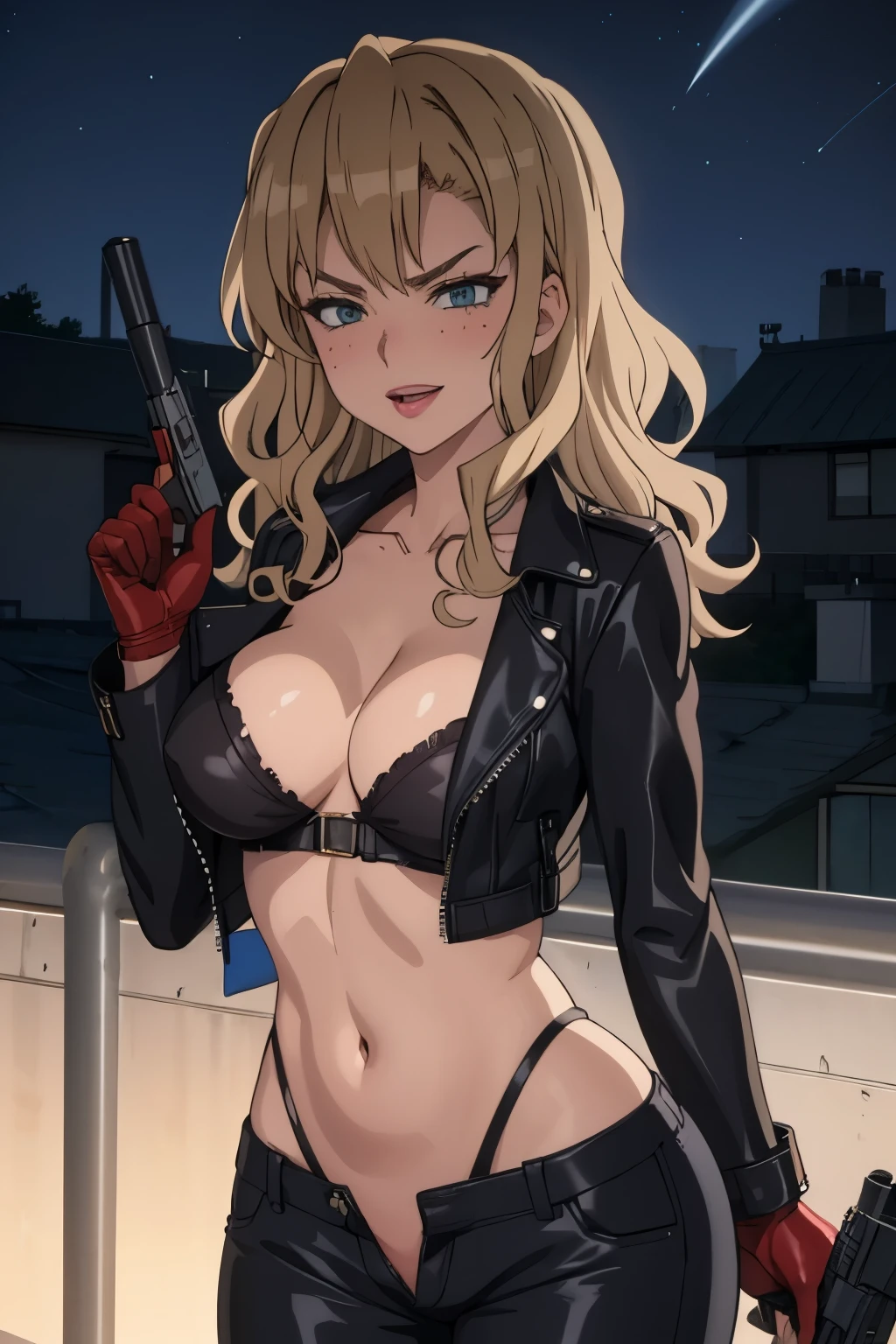 siren_triagex, solo, 1girl, blonde_hair, long_hair, wavy_hair, blush, lipstick, Hot girl, baddie, staring, glaring, bad attitude, mean girl, dare, angry, hate, crazy, smoking, sensual, attractive, blush, lipstick, outdoors, rooftop, cityscape, building, railing, night, night sky, scenery, moon, city lights, blush, lipstick, mouth open and tongue out, open, fur trim, mature female, gloves, fur-trimmed coat, masterpiece, best quality, highly detailed, a girls with a gun, evil smile , open mouth, sexy gaze, badass
pose , evil smile, smile, (nsfw) not safe for work, guns blazing, anime girl with long hair, beautiful long
haired girl, navel, evil expression, exposed belly, exposed navel, exposed midriff, exposed lower belly,
long black pants, crop top, cleavage, unbuttoned leather pants ,open fly, low rise black leather pants,
leather jacket, holding a gun, holding pistol