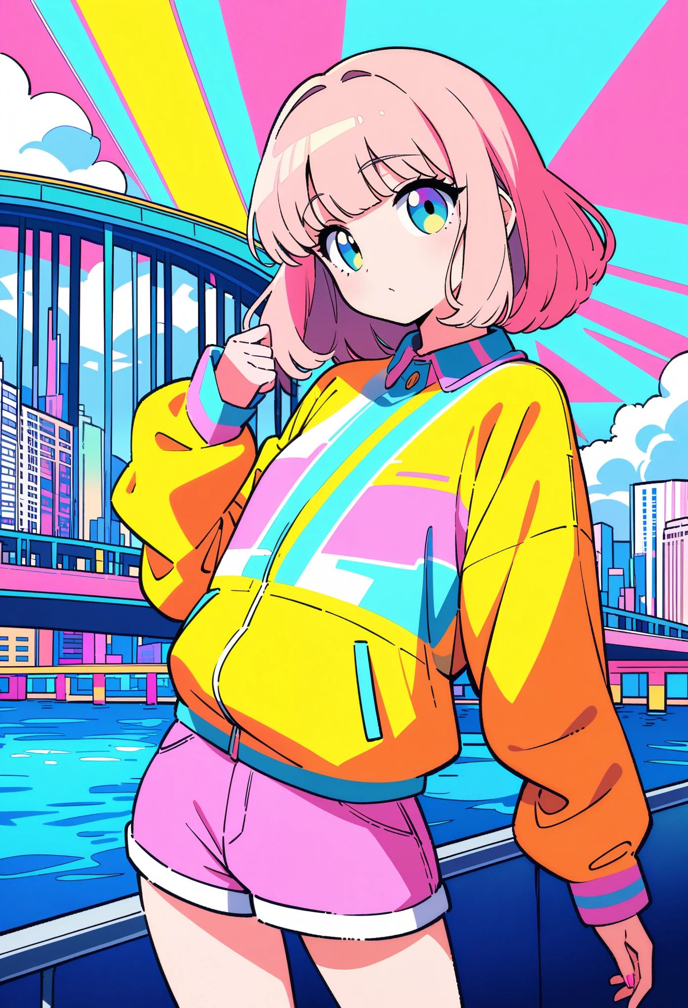 masterpiece, Highest quality, Beautiful attention to detail, Very detailed, In detail, High resolution, Perfect Anatomy, colorful, pastel colour, One girl, alone, (City pop illustrations), (City Pop Art), Simple Background, Retro Style, (Vaporwave City Pop), (1980s City Pop), (City Pop Anime), (river, bridge), Retro Style, 1980s Fashion, Cowboy Shot,