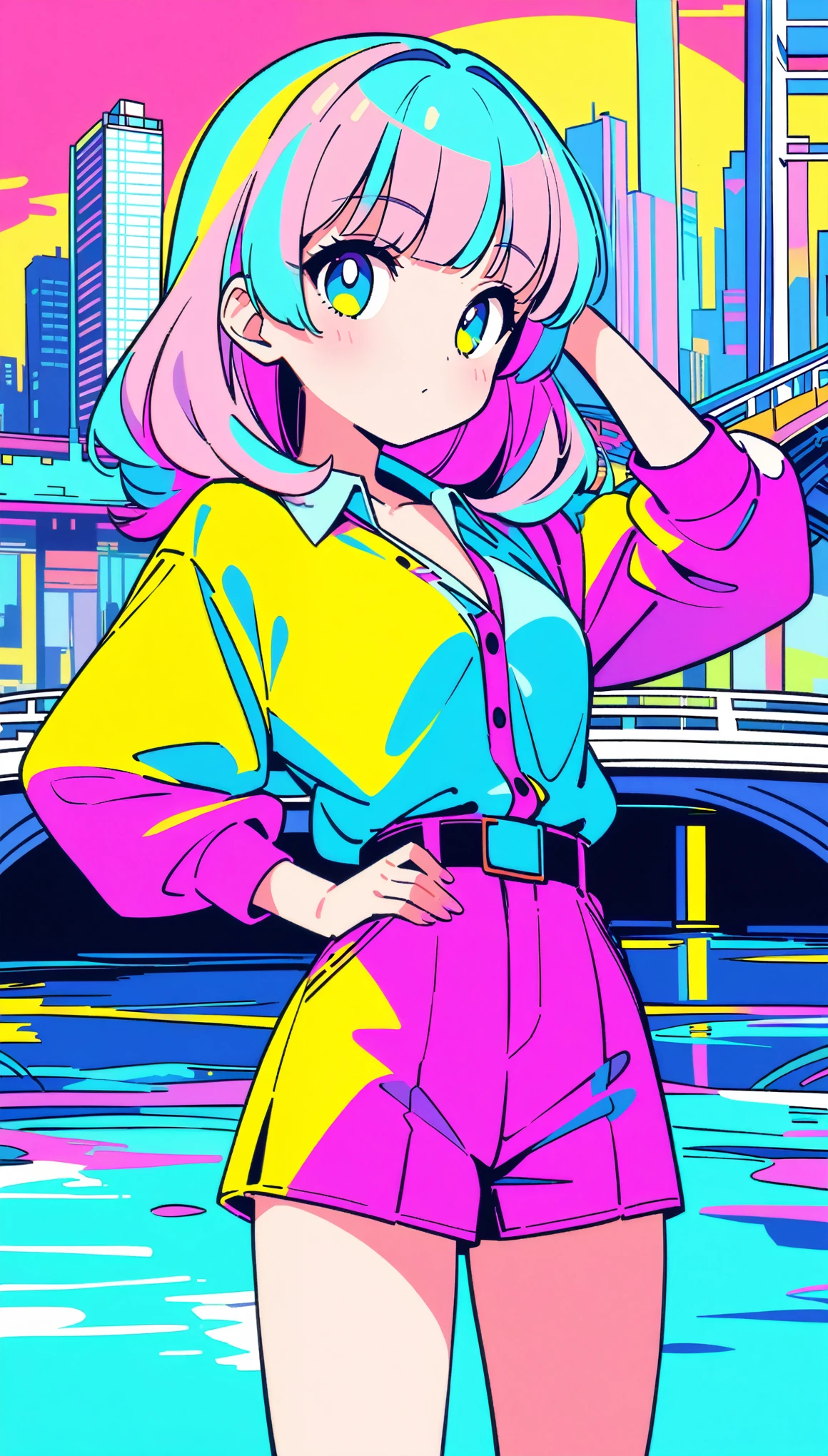 masterpiece, Highest quality, Beautiful attention to detail, Very detailed, In detail, High resolution, Perfect Anatomy, colorful, pastel colour, One girl, alone, (City pop illustrations), (City Pop Art), Simple Background, Retro Style, (Vaporwave City Pop), (1980s City Pop), (City Pop Anime), (river, bridge), Retro Style, 1980s Fashion, Cowboy Shot,