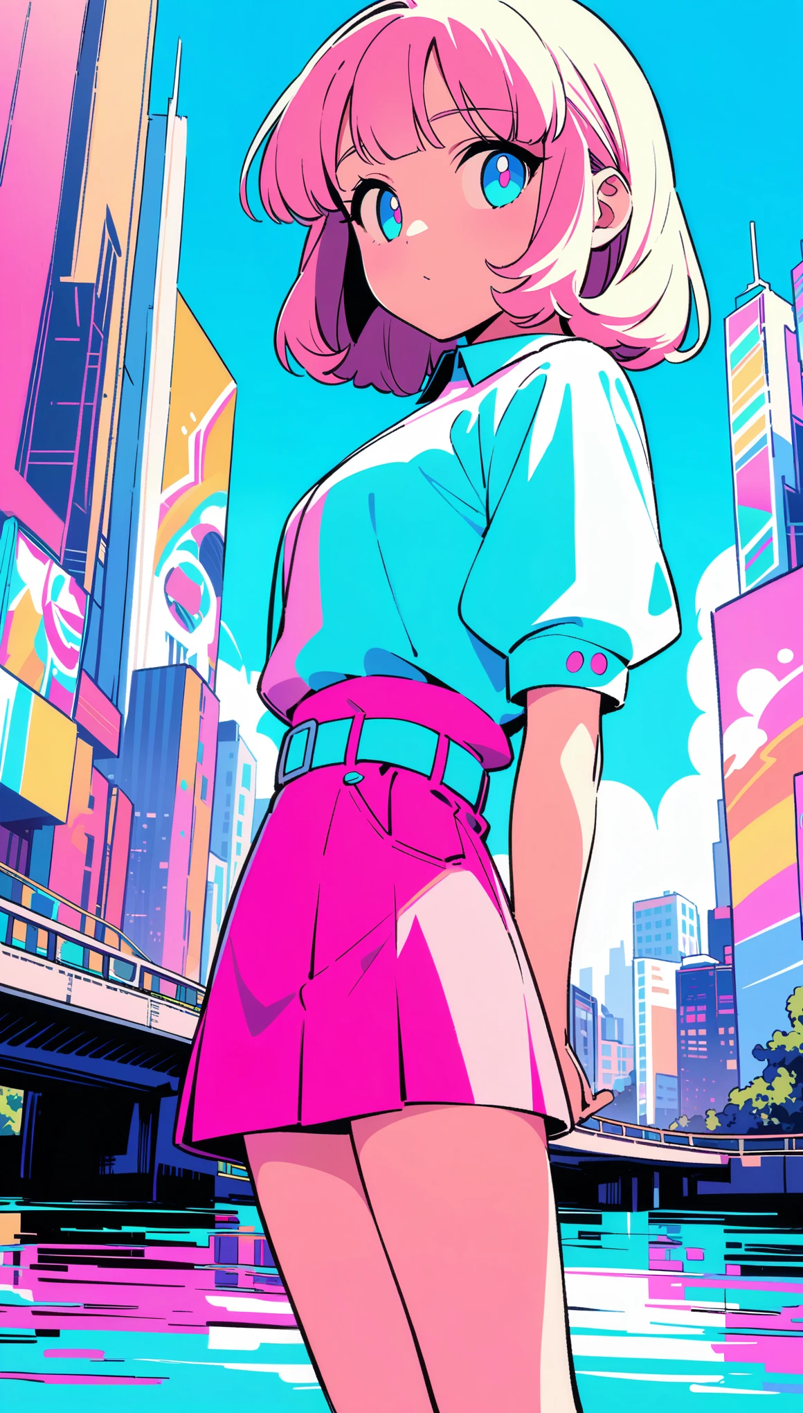masterpiece, Highest quality, Beautiful attention to detail, Very detailed, In detail, High resolution, Perfect Anatomy, colorful, pastel colour, One girl, alone, (City pop illustrations), (City Pop Art), Simple Background, Retro Style, (Vaporwave City Pop), (1980s City Pop), (City Pop Anime), (river, bridge), Retro Style, 1980s Fashion, Cowboy Shot,