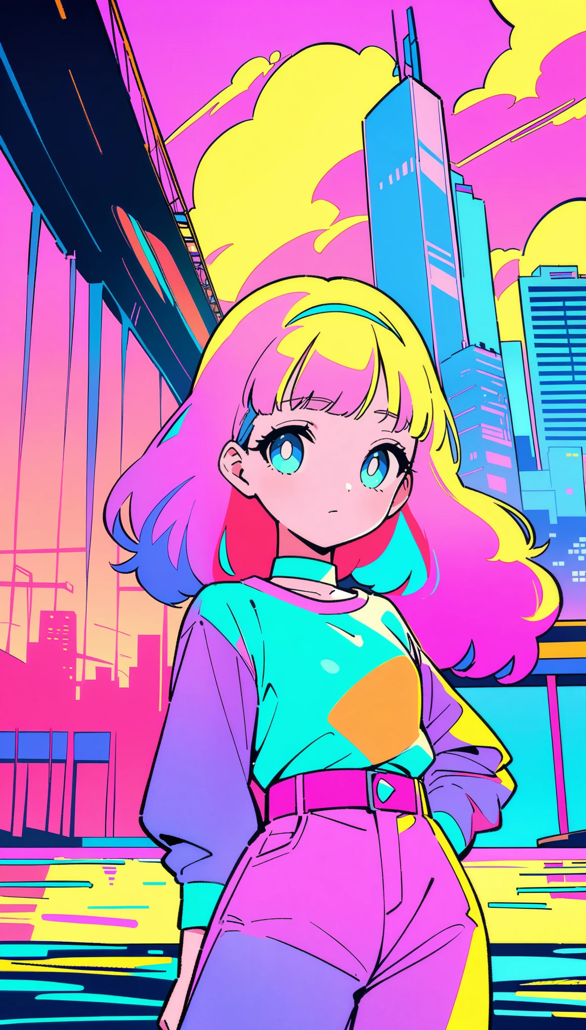 masterpiece, Highest quality, Beautiful attention to detail, Very detailed, In detail, High resolution, Perfect Anatomy, colorful, pastel colour, One girl, alone, (City pop illustrations), (City Pop Art), Simple Background, Retro Style, (Vaporwave City Pop), (1980s City Pop), (City Pop Anime), (river, bridge), Retro Style, 1980s Fashion, Cowboy Shot,