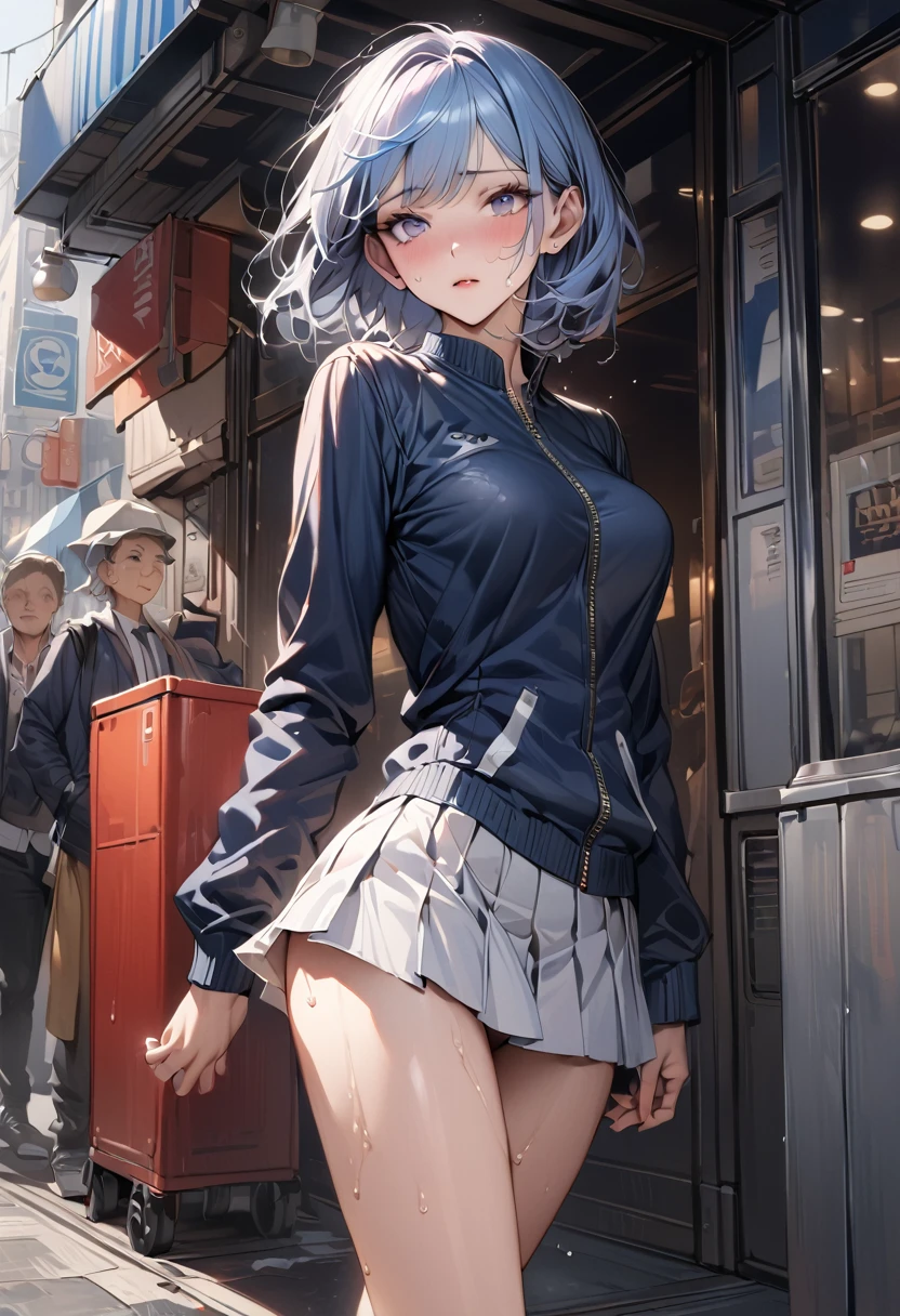 ((masterpiece,Highest quality:1.3,best quality illustration)),(realistic),cowboy shot,独奏,1woman,(Mature Beauty),light blue hair,short hair,bangs,gray eyes,(gorgeous eyes),((very small head)),shy,((very long body,skinny)),medium breasts,((Navy blue baseball jacket、White pleated mini skirt)),gleaming skin,oily skin,slender body,sweat,standing,on street,Shibuya Station、nsfw,