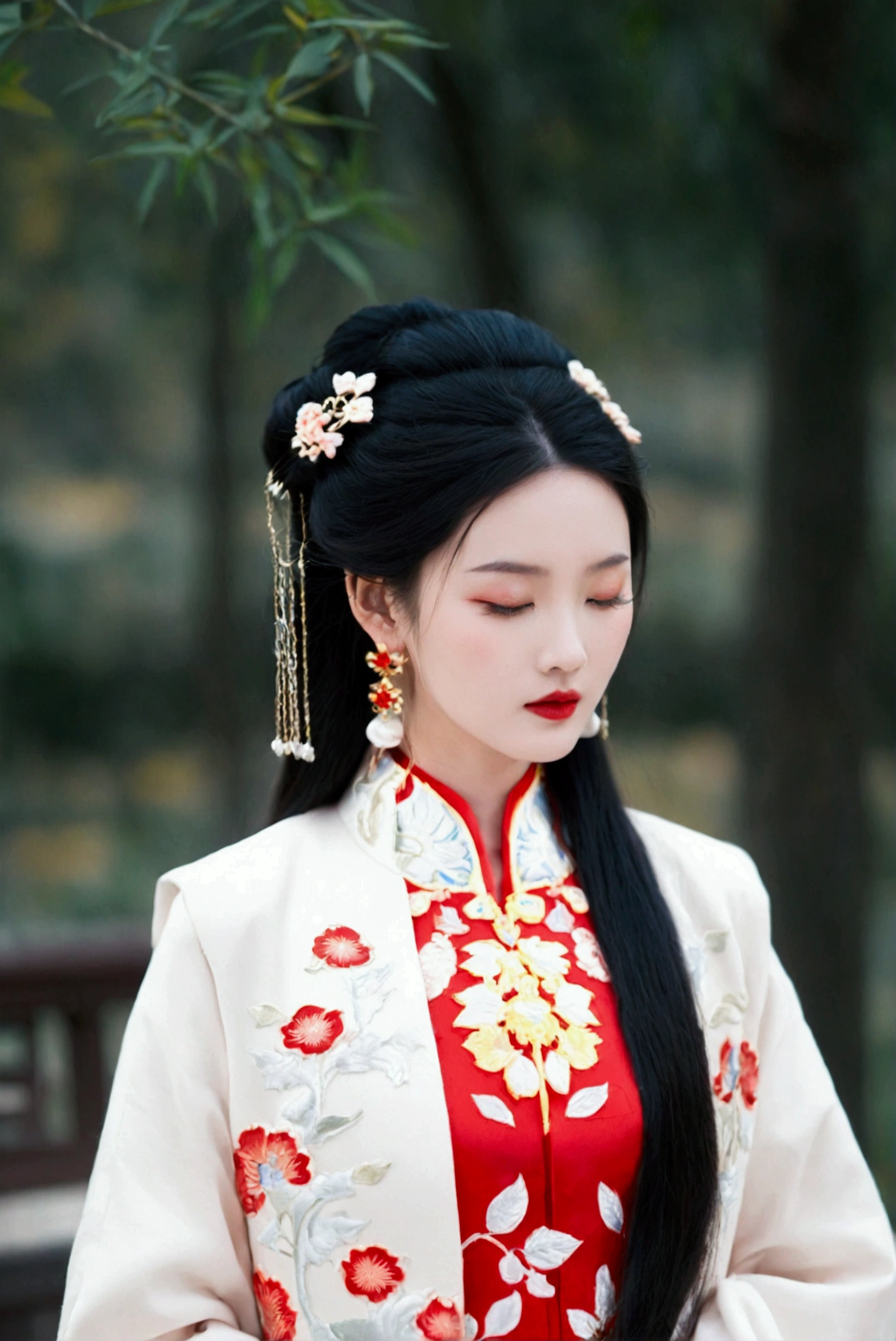 1girl, solo, black hair, hair ornament, dress, jewelry, closed mouth, opened eyes, upper body, earrings, blurry, blurry background, chinese clothes,White coat, red dress, red lips