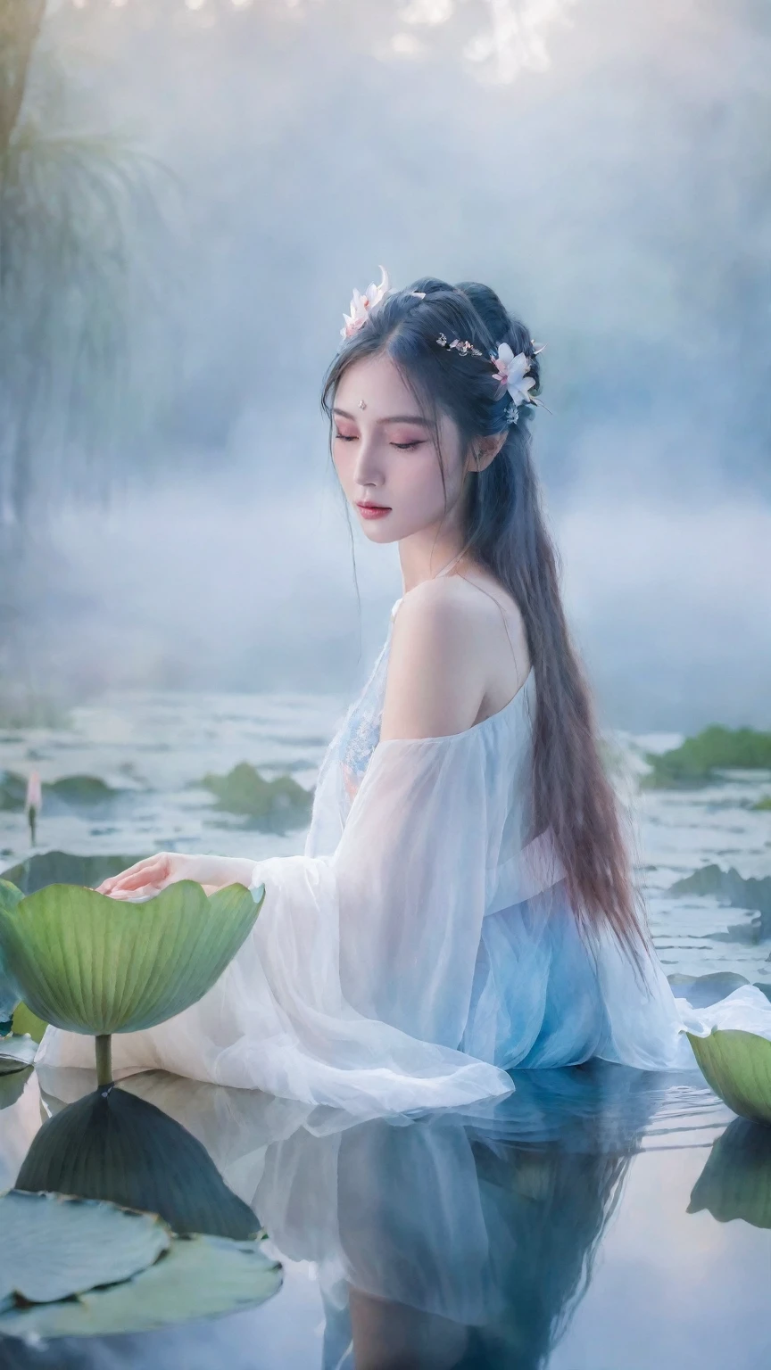 imagine Thai photographer Ren Whalker creating dreamy summer portraits,ethereal Asian forest nymph emerging from misty lake amongst water lilies,powdery pale blues and whites,painterly watercolor textures,soft backlighting and atmospheric haze,lyrical fairy tale aesthetic,8K,perfect hand,Beautiful hands,beautiful fingers,